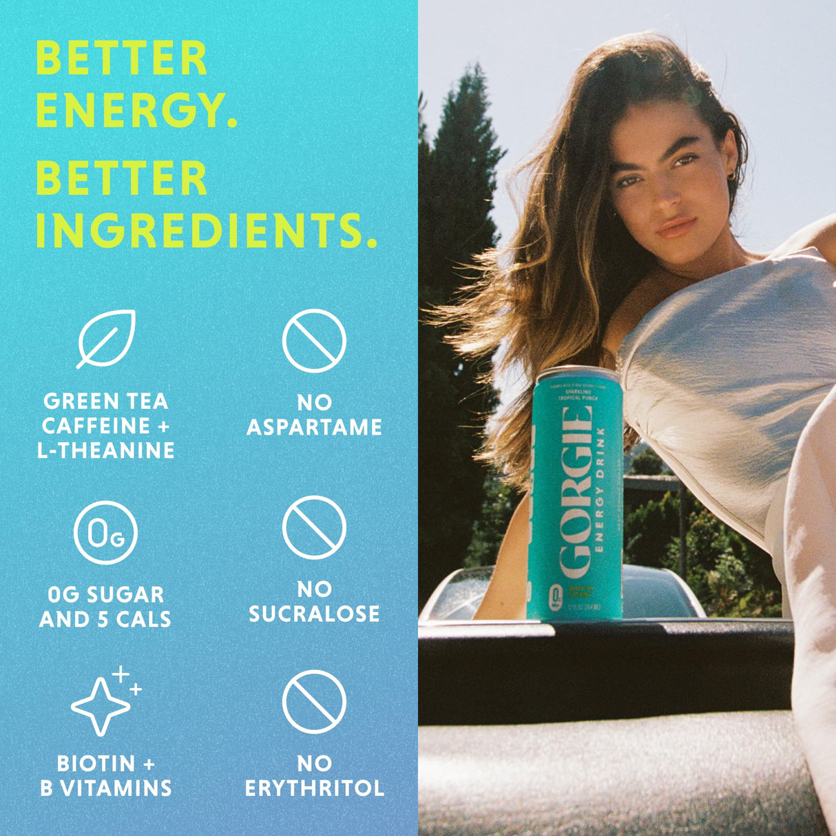 GORGIE Tropical Variety, Sugar-Free Natural Energy Drink Sparkling, Healthy Energy Drinks - Green Tea, Biotin, B Vitamins -150mg Caffeine, Vegan, & Low Calorie (Pack of 12)