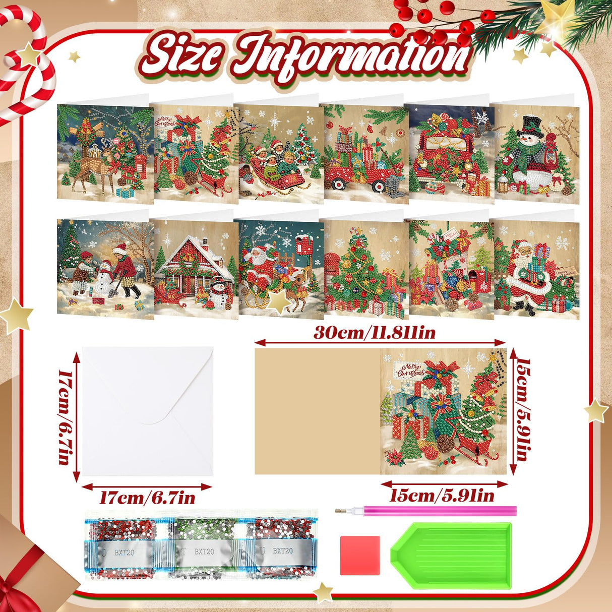 Saillong 12 Pack Vintage Christmas Diamond Painting Greeting Card Kits DIY Retro Christmas Diamond Art Cards with Envelopes Xmas 5D Rhinestones Painting for Adults DIY Craft Family Friend Xmas Gifts