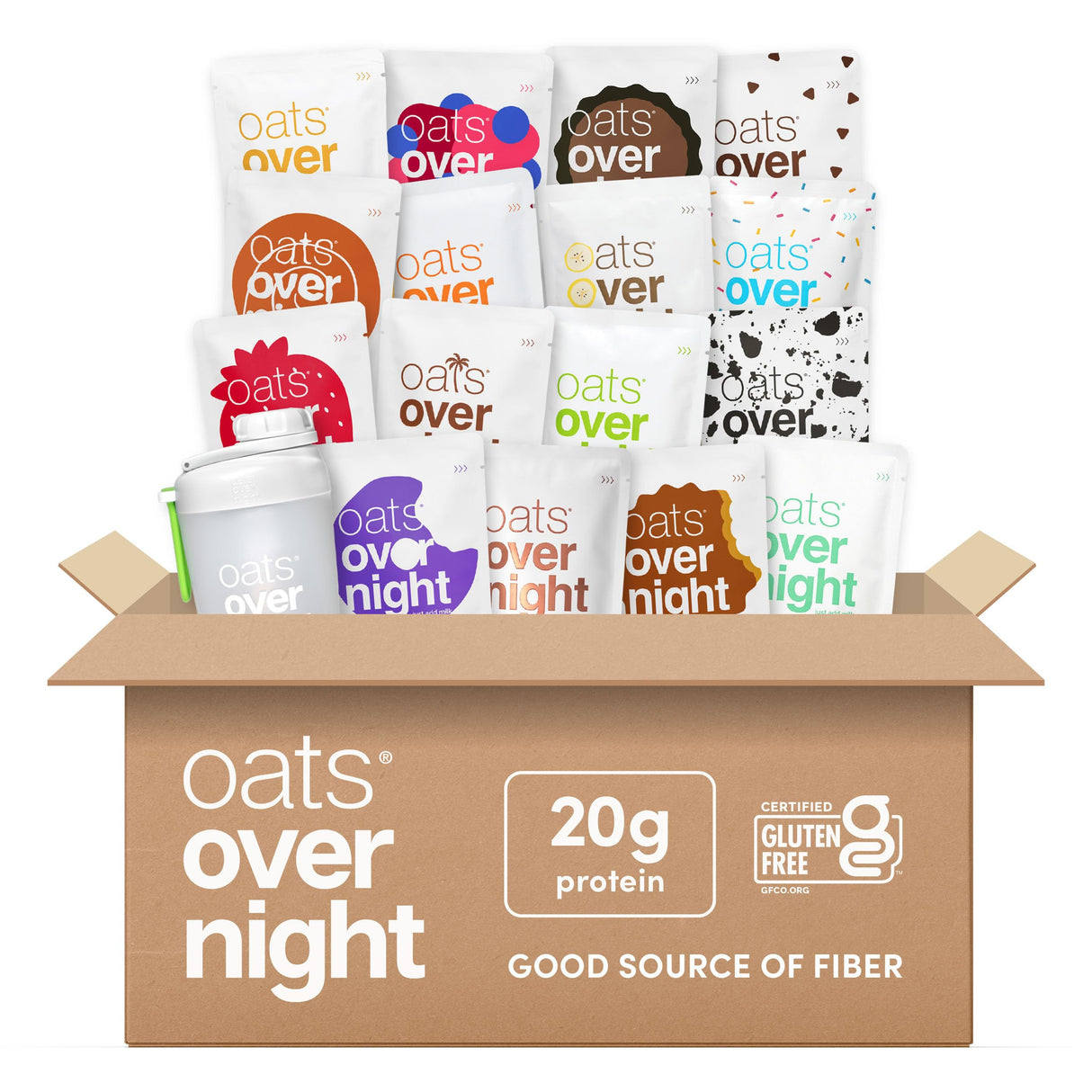 Oats Overnight Ultimate Variety Pack - High Protein, 5g Fiber Breakfast Protein Shake, Gluten Free Oatmeal, Non GMO Oatmeal - Green Apple Cinnamon, Coconut Cream Pie & More (16 Pack + Shaker Bottle)