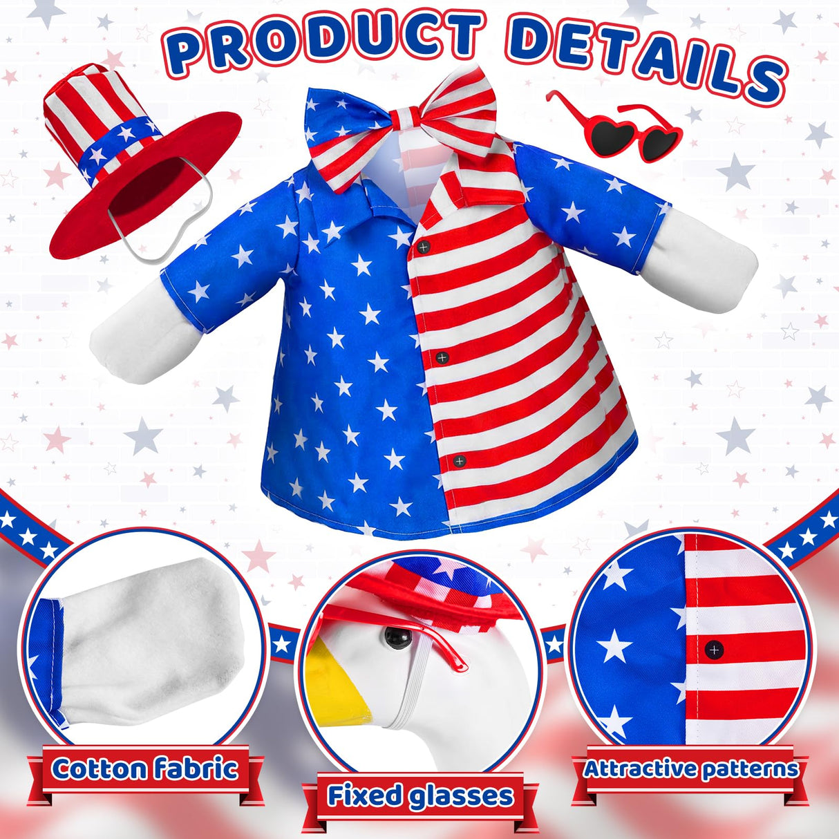 ComfyKit 1 Set 4th of July Porch Goose Outfit, Patriotic 250th Anniversary Clothes for 23 Inch Plastic or Cement Goose, Patio Yard Garden Decor
