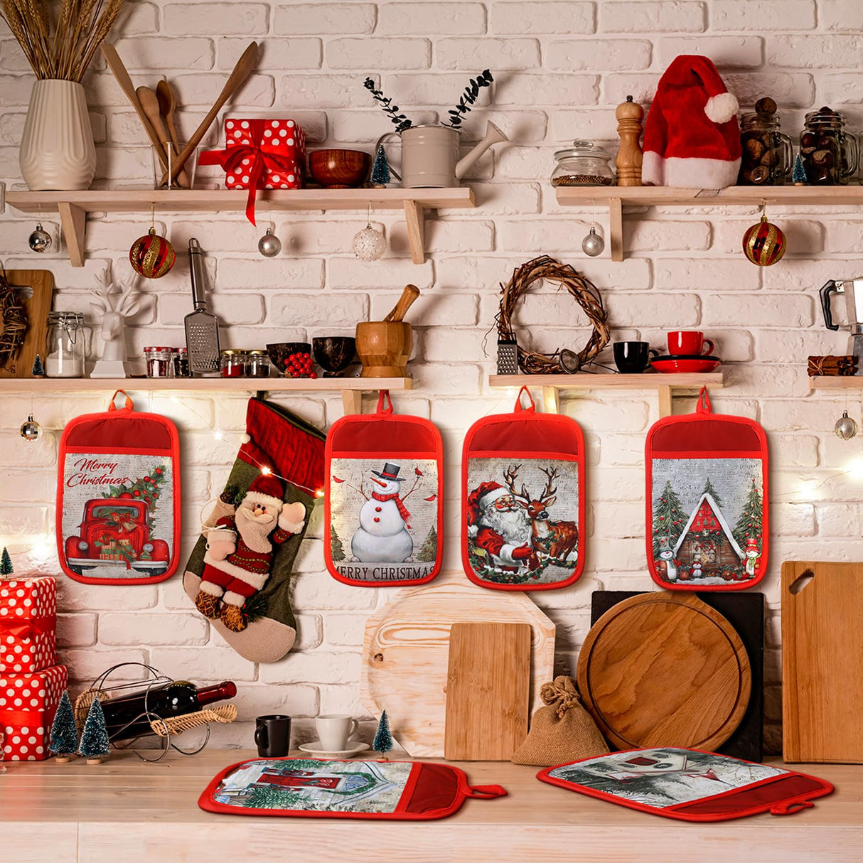 Jingmore 12 Pcs Christmas Pot Holders with Pocket Xmas Retro Pot Holders for Kitchen Winter Hot Pads Oven Mitts Cookie Bag Cute Heat Resistant Farmhouse Oven Gloves Baking Cooking