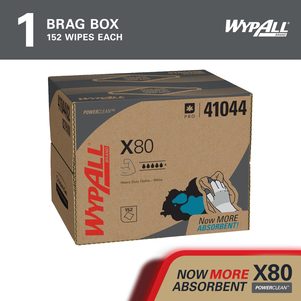 WypAll PowerClean X80 Cloths Heavy Duty Wipes (41044), Brag Box, Extended Use Towels, White (1 Pack of 152 Sheets, 152 Sheet Total)