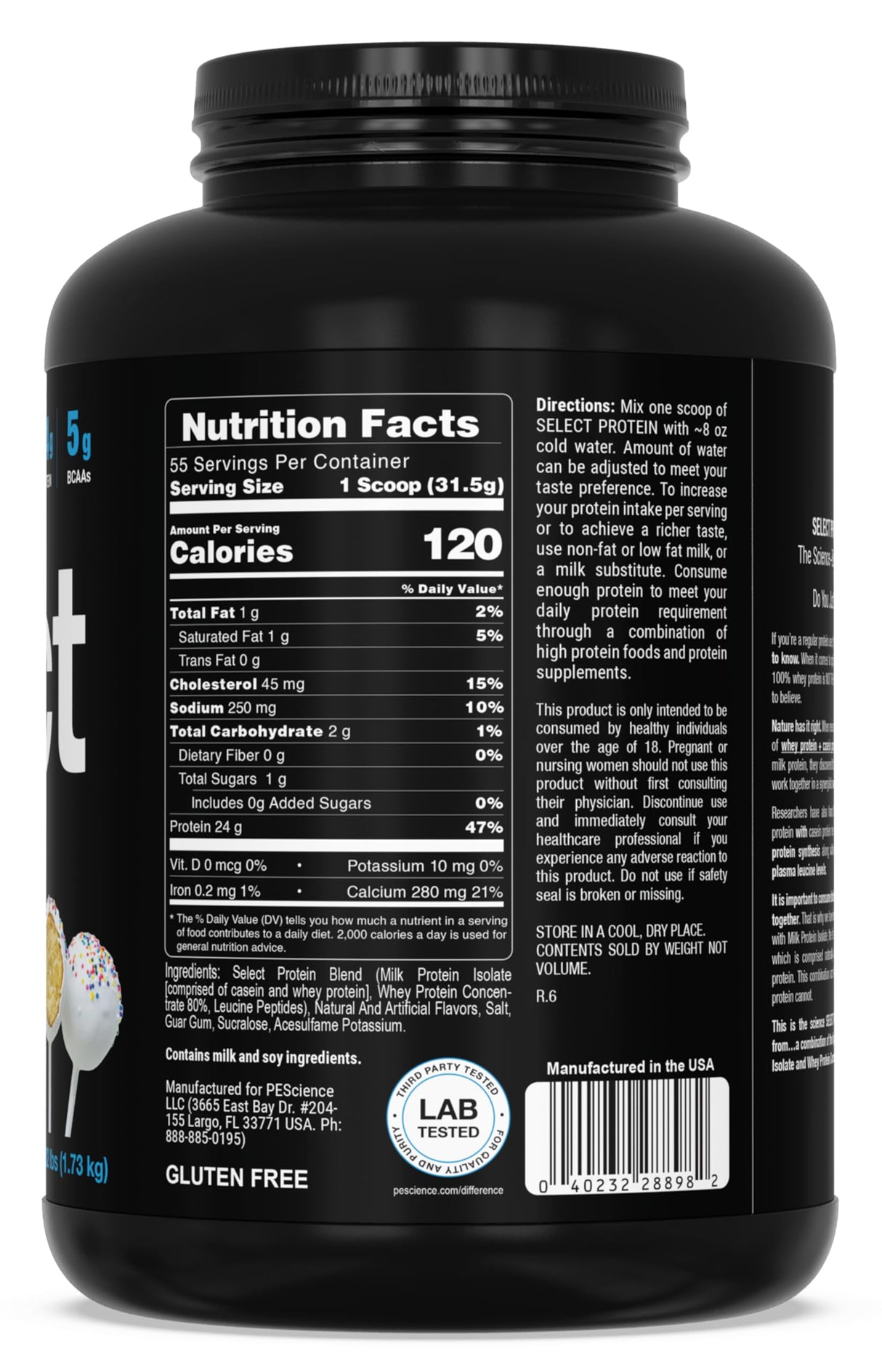 PEScience Select Protein Powder, Whey and Casein Blend, Clean Protein Powder for Women and Men, Low Calorie, Low Carb, Keto Friendly, Gluten Free, Cake Pop, 55 Servings