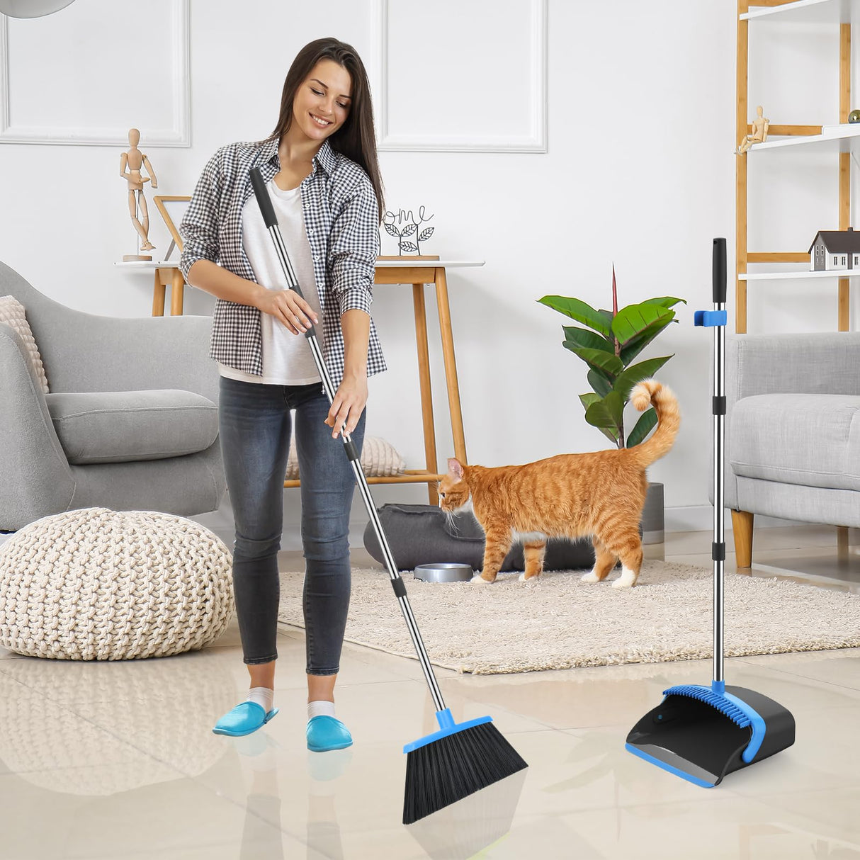 NACENA Broom and Dustpan Set, 52-in Long Adjustable Handle Broom Dustpan Combo with Dustpan Teeth to Automatically Clean Hair Suitable for Home Kitchen Office Hall Floor(Black&Blue)