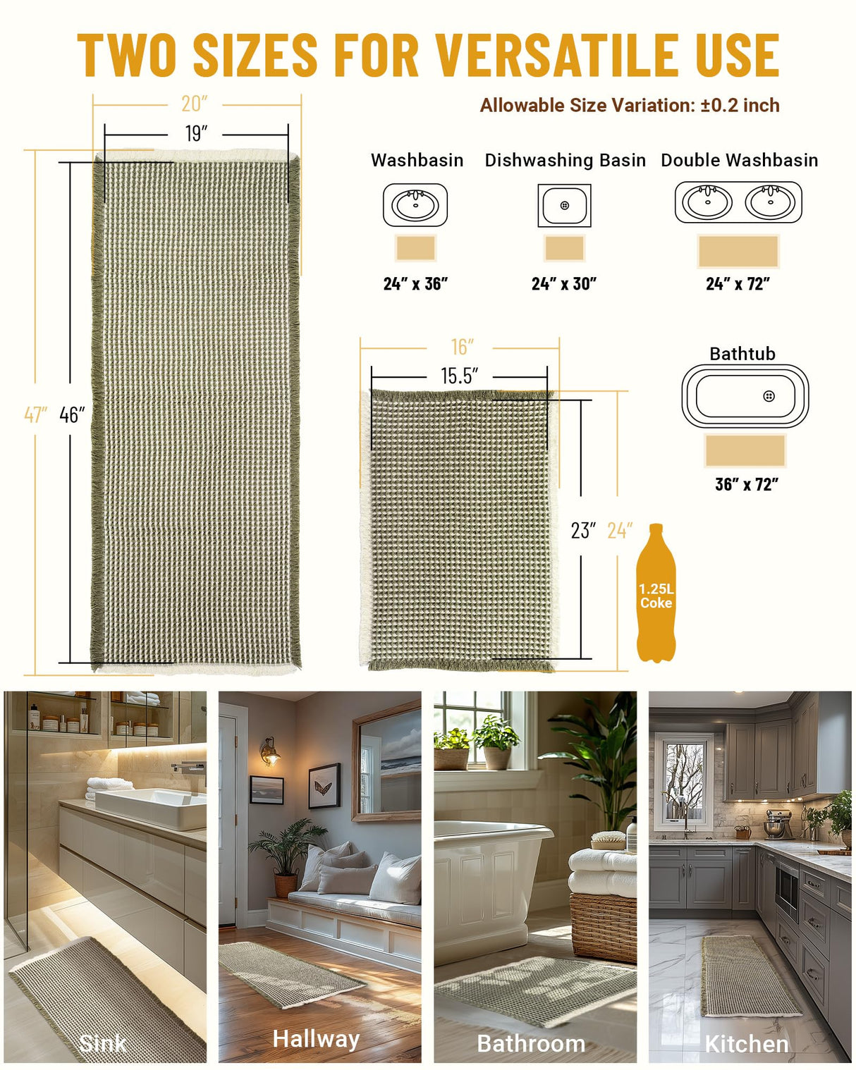 Large Waffle Bath Mat Set Non Slip, Ultra Absorbent Bath Mats for Christmas Bathroom Decor, Extra Soft Floor Bathroom Rugs Sets 2 Piece, Washable Bath Rugs Set, Green & White, 20"×47" and 16"×24"