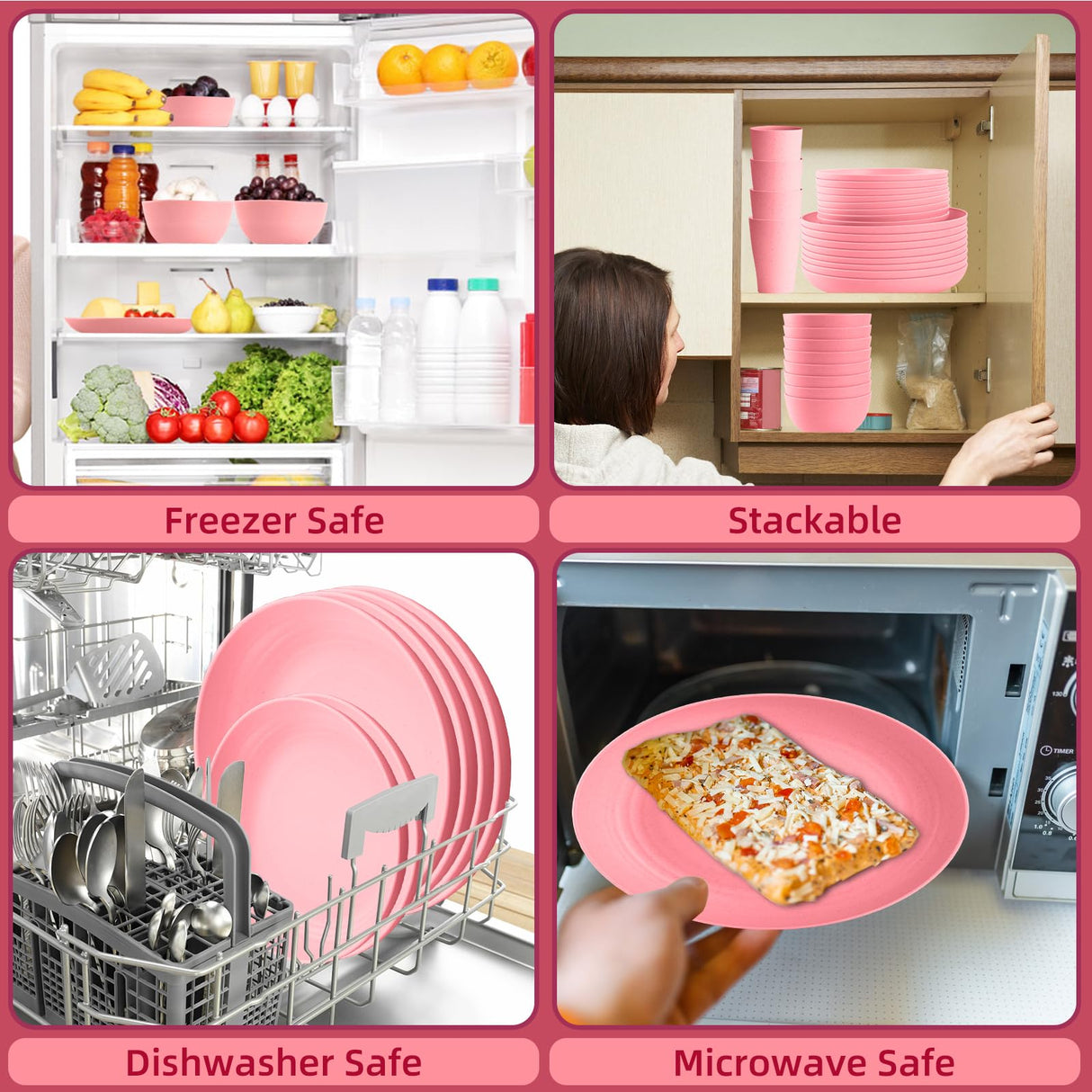 Gudvilla Pink Dinnerware Sets for 8,Pink Plates and Bowls Sets Plastic,Wheat Straw Dinnerware Sets Unbreakable Microwave Safe Lightweight,32 Pcs Christmas Dishes Set for Kids Elderly Kitchen Outdoor