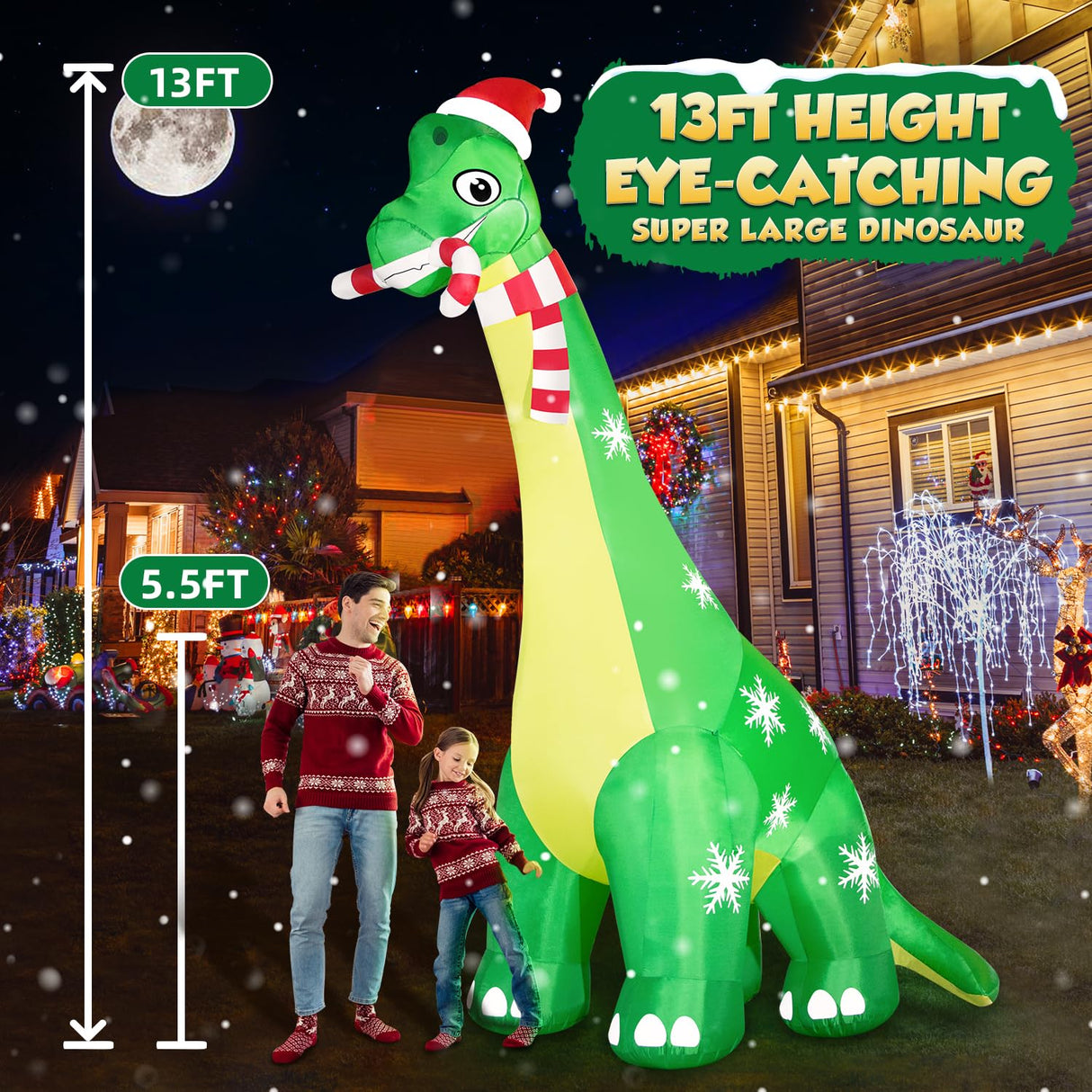13FT Giant Dinosaur Christmas Inflatable Decorations, Built-in LED Lights, Strong Blower Huge Blow Up Yard Clearance Decor with Large Candy Cane Xmas Santa Hat Outdoor Indoor Holiday Party