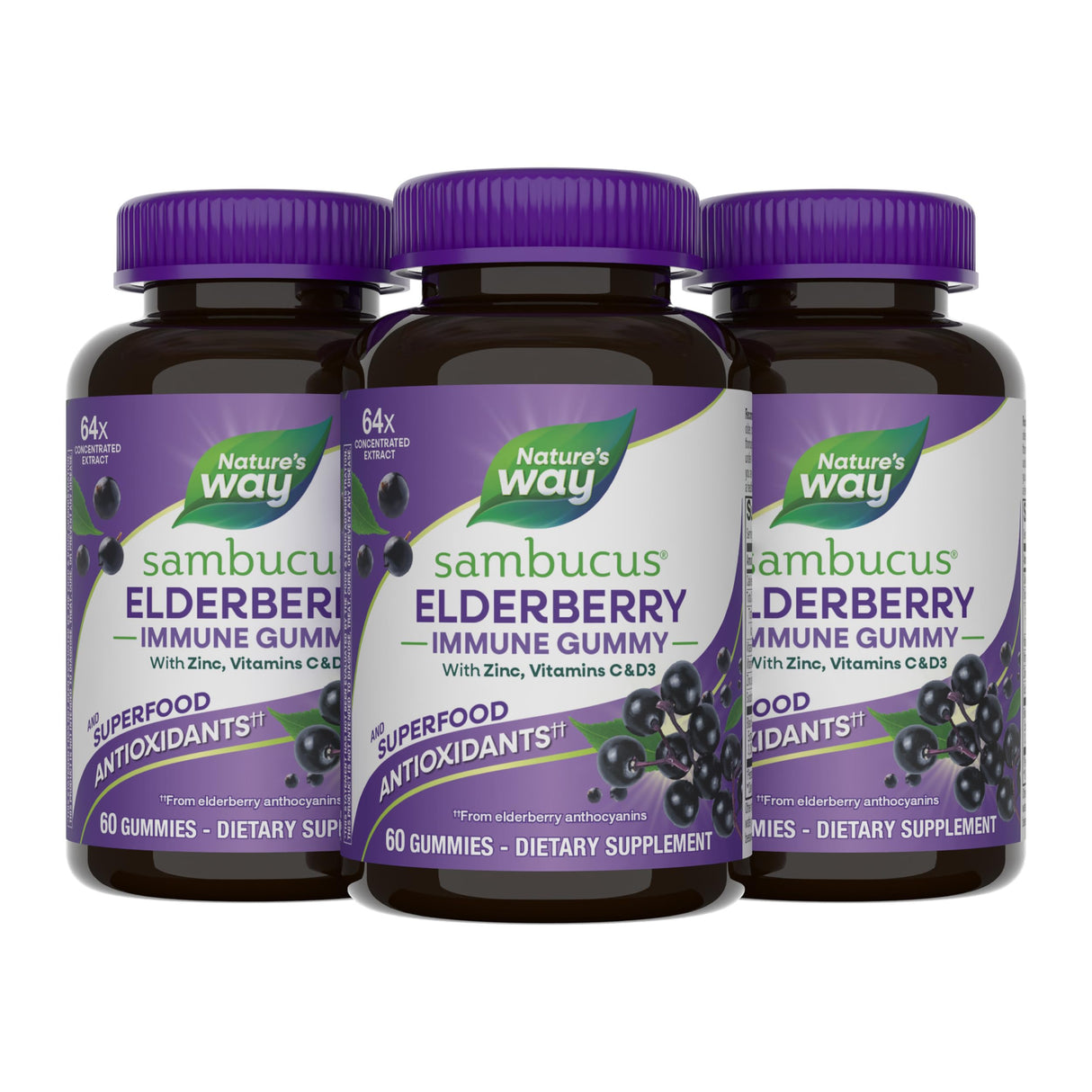 Nature's Way Sambucus Elderberry Immune Gummies, Daily Immune Support for Kids and Adults*, with Vitamin C, Vitamin D3, Zinc, Gluten Free, Vegetarian, 60 Gummies (Set of 3)