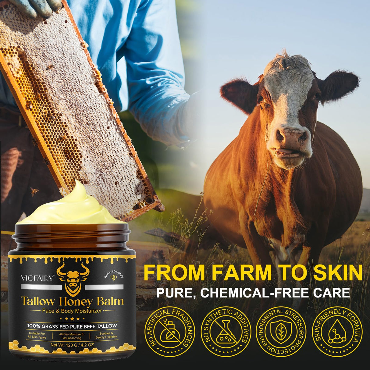 KZUO Beef Tallow for skin, Beef Tallow, Hydrating Tallow Balm with Raw Honey and Beeswax, Grass-Fed Beef Tallow & Raw Wild Honey Blend, Body & Face Moisturizer, Natural Formula