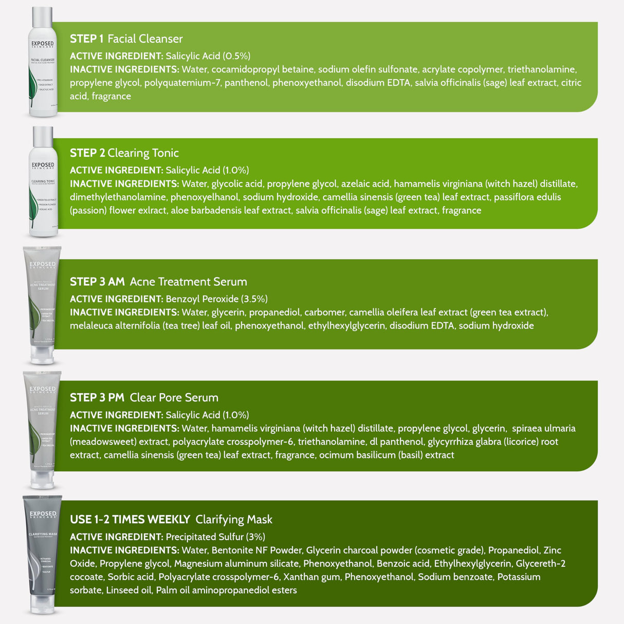 Exposed Skin Care Acne Treatment Kit - Includes Facial Cleanser, Clearing Tonic, Acne Treatment Serum, Clear Pore Serum, Clarifying Mask, Cloth - Natural Acne Solution for Face, All Ages & Skin Types