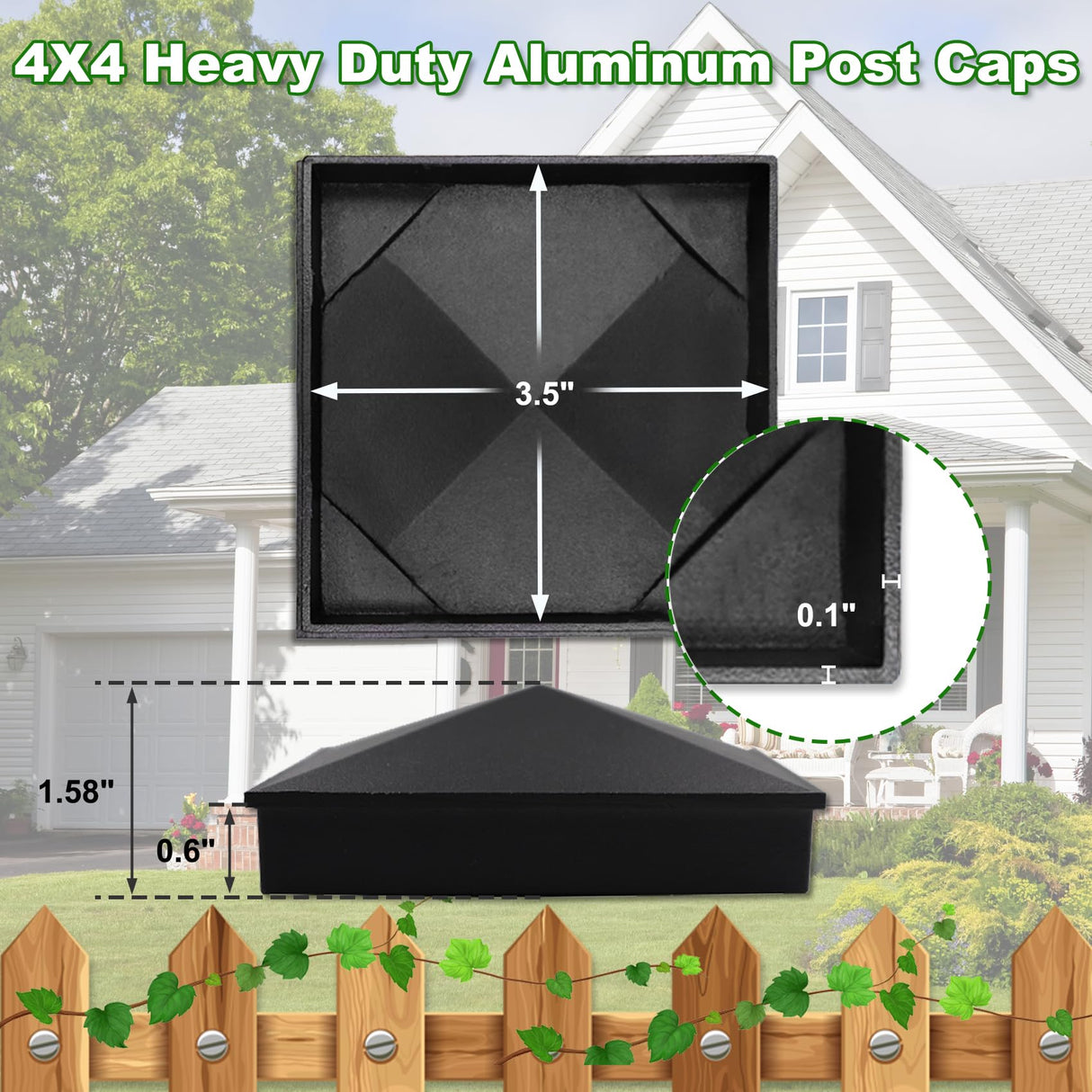 Azdele 4x4 Heavy Duty Aluminum Pyramid Post Caps Cover for 4x4 Nominal Wood Post(True 3.5" x 3.5"), with Matte Finish Powder Coated Surface, for Fence Wood Post of Decks or Corridors Black 4 Pack
