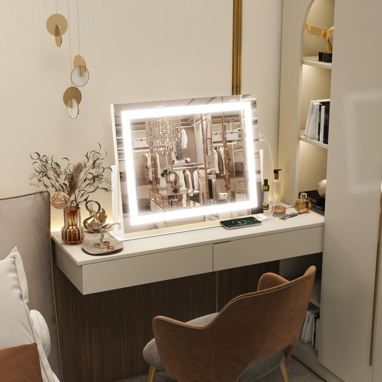 FENNIO Vanity Mirror with Lights 22''x18'' Makeup Mirror with Lights,Lighted Makeup Mirror with 10X Magnification and USB,Smart Touch Screen with 3-Color Lighting,Dimmable(Square White)