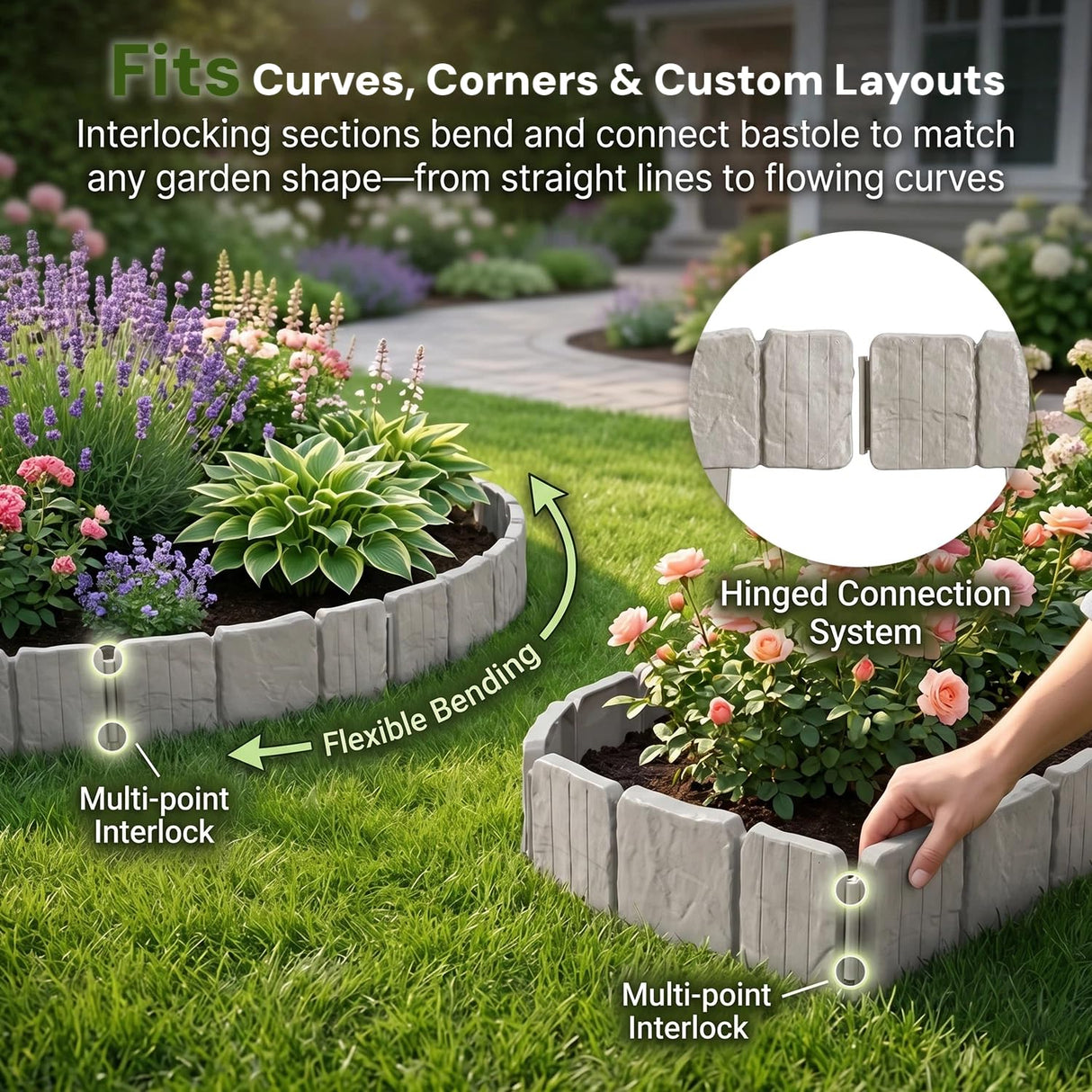 Imitation Stone Garden Fence - DIY Garden Edging Border, 2026 New Plastic Garden Retaining Fence, Interlocking No Dig Decorative Garden Fence with Stakes, for Yard, Patio, Outdoor (Gray, 30pcs)