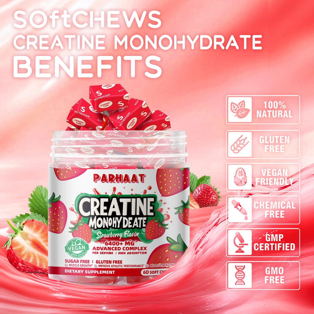 Creatine Monohydrate Chews Complex 6400mg for Men & Women -Advanced Formula W/L-Taurine + Vitamin B12, Sugar Free Chewable Supplement,60 Strawberry Softchews