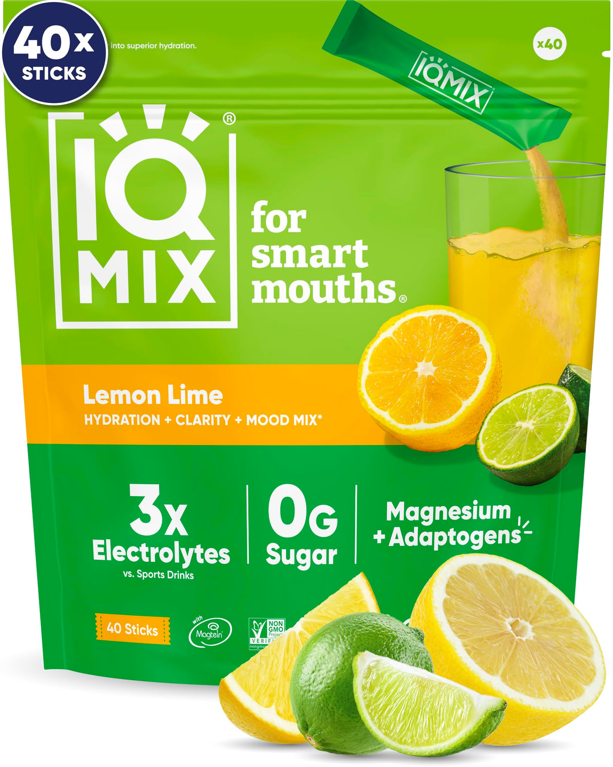 IQMIX Hydration Electrolyte Powder – 4-in-1 Formula for Hydration, Mental Clarity, Mood and Recovery – Sugar-Free Drink Mix, Keto, Magnesium L-Threonate, Lion’s Mane – 40 Count Lemon Lime