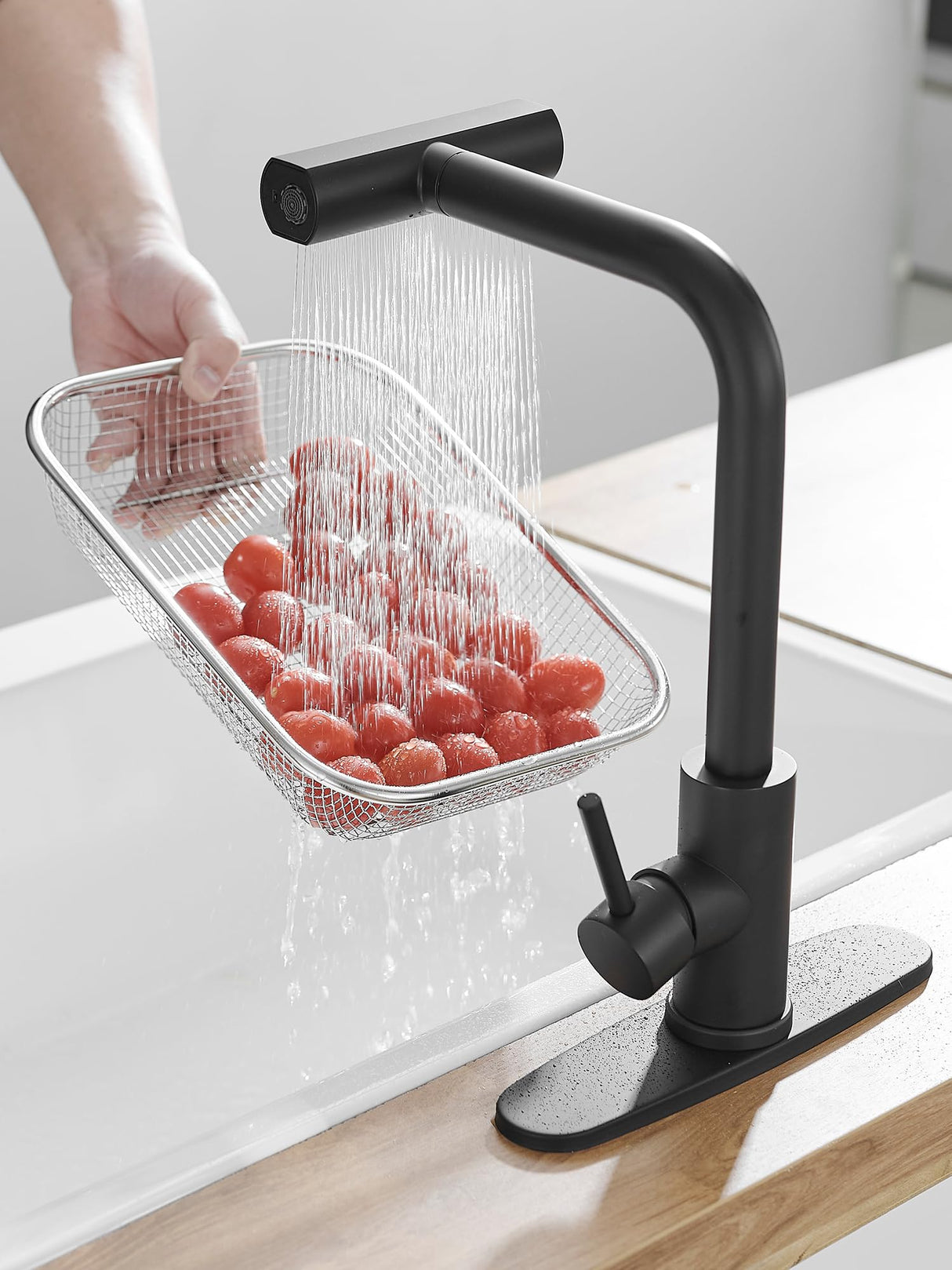 Kitchen Faucet with Pull Down Sprayer, Matte Black Waterfall Kitchen Sink Faucet, Commercial Single Handle Stainless Steel Faucet with 3 Spray Modes for Farmhouse, RV, Laundry & Utility Sink