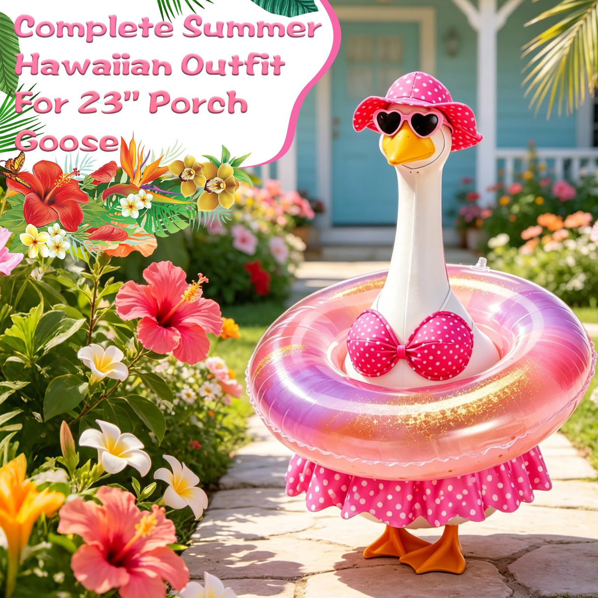 MeiAid Hawaiian Porch Goose Outfit, Summer Bikini Costume with Sunglasses & Wreath, Fits 23" Goose Statue, Garden Lawn Patio Yard Outdoor Decoration (Pink)