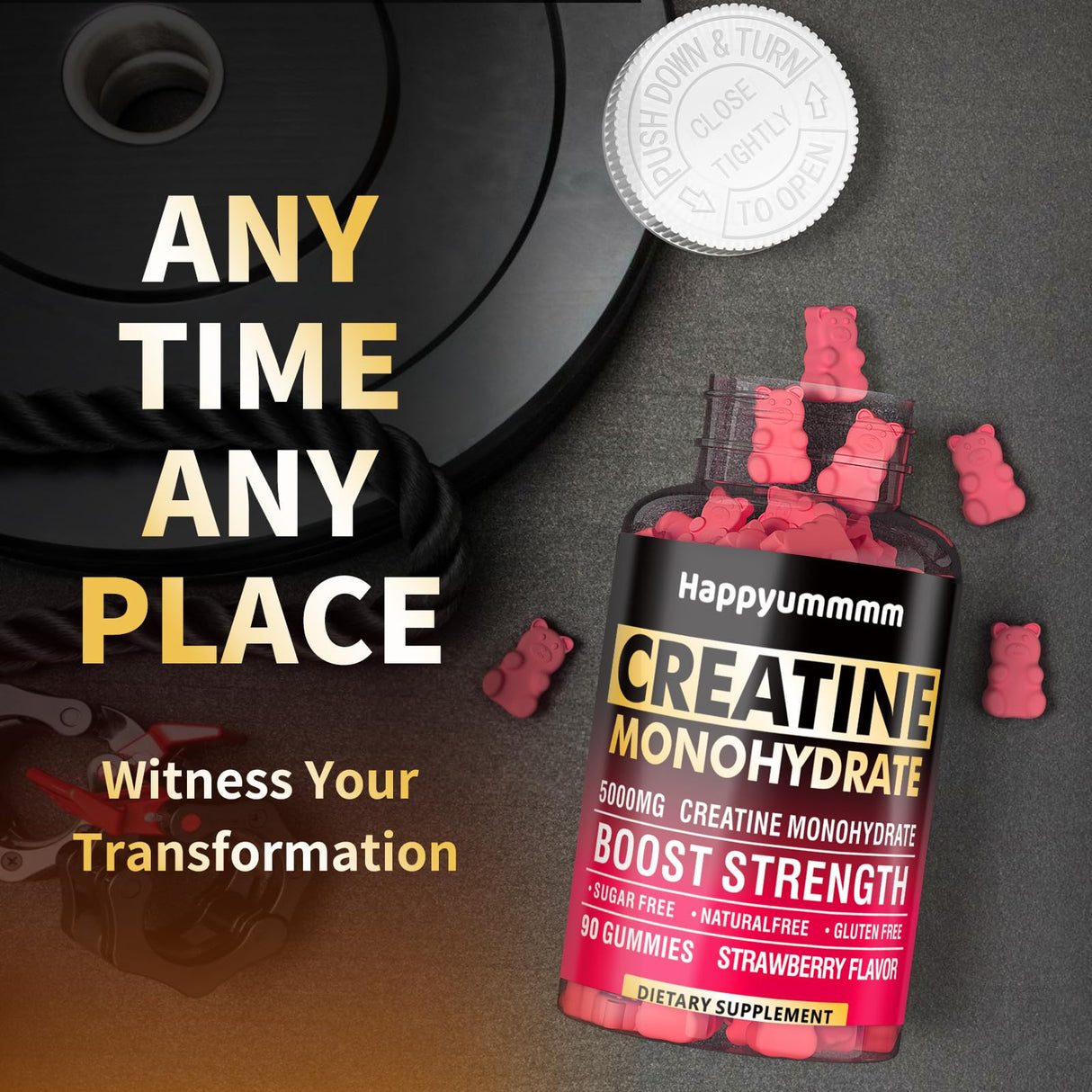 Happyummmm Creatine Monohydrate Gummies 5000mg for Men & Women, Chewables Creatine Monohydrate for Muscle Strength, Muscle Builder, Energy Boost, Pre-Workout Supplement(90 Count)-Strawberry.
