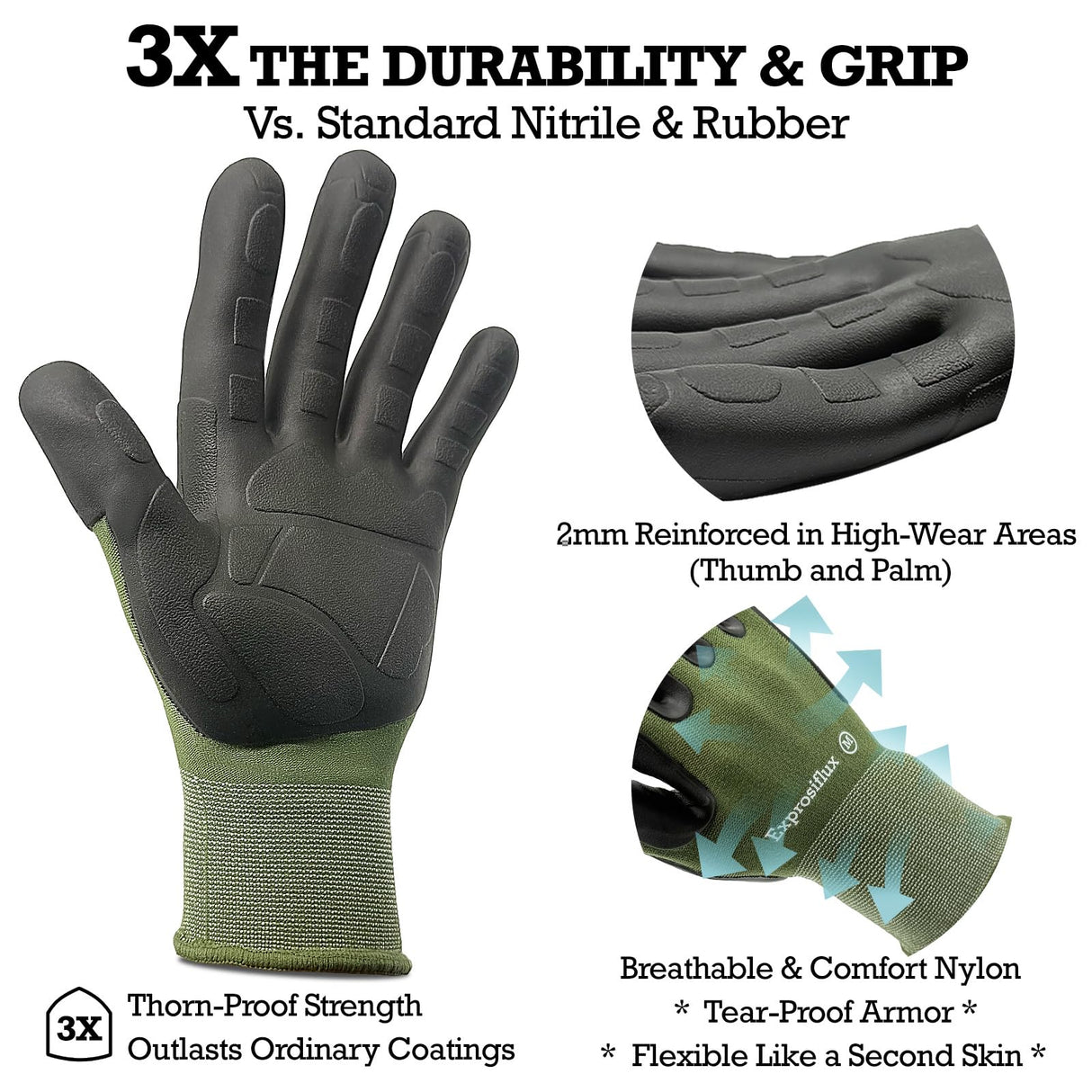 Exprosiflux 2 Pairs Non Slip TPE Gardening Gloves, Olive Green, M