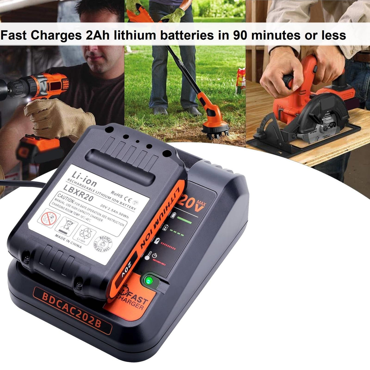 20V Fast Charger Compatible with Black and Decker 20V 12V Max Lithium Battery LBXR20 LBX4020 LBXR2020, BDCAC202B 20Volt 2A Lithium Charger Compatible with Black and Decker Drill Battery