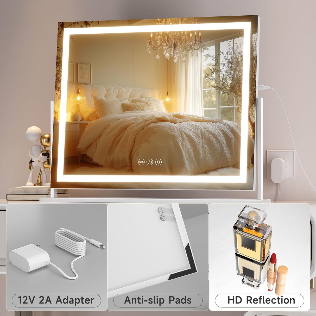 Hasipu Vanity Mirror with Lights, 23.6" x 18.1" LED Makeup Mirror, Light up Mirror with Smart Touch 3 Colors Dimmable, Brightness Adjustment, 360ยฐ Rotation (White)