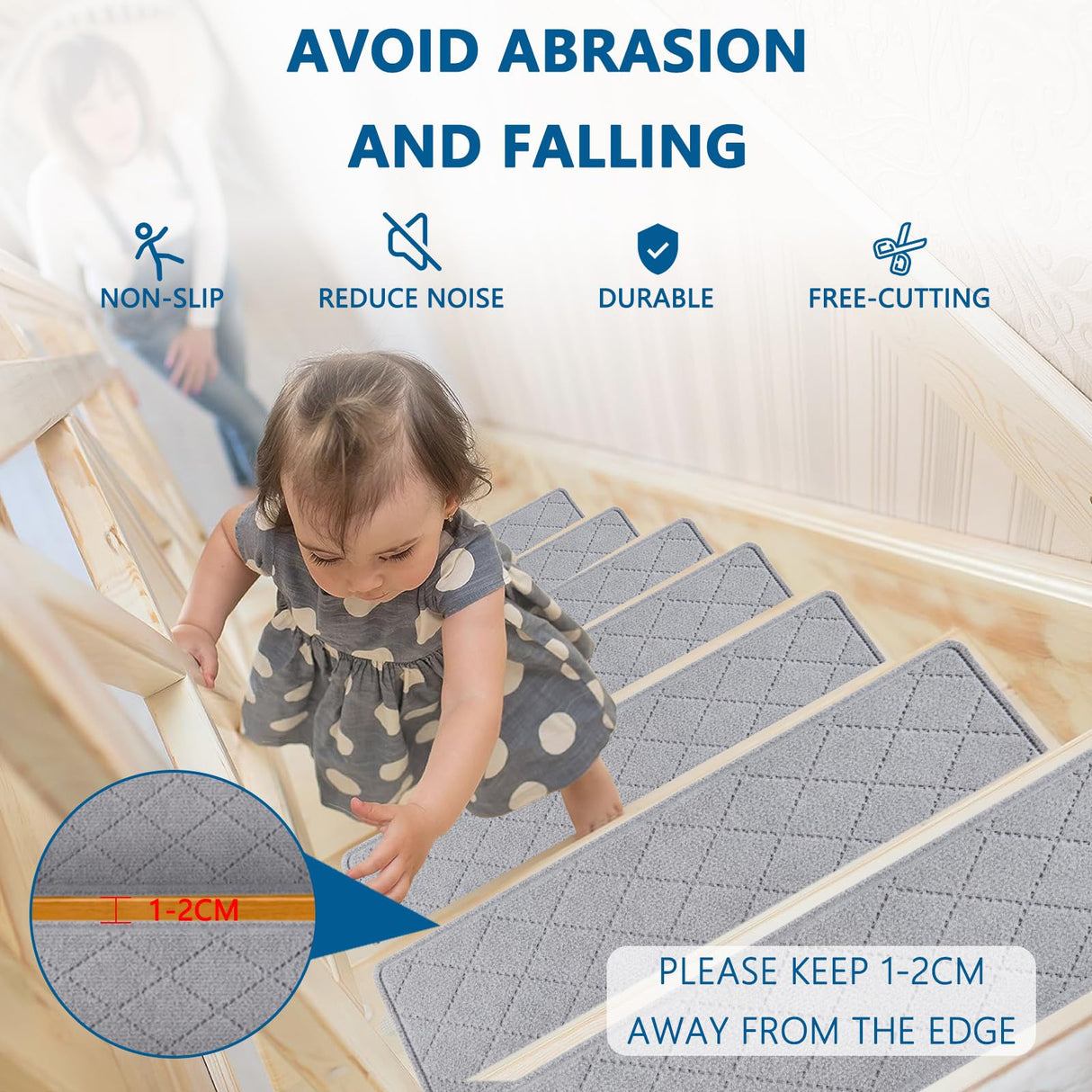 Stair Treads for Wooden Steps Indoor, KOOTETA 15 Pack 8" X 30" Non Slip Carpet Stair Treads with Reusable Adhesive for Kids Elders and Dogs, Surface Polyester TPR Backing Stair Rugs, Grey