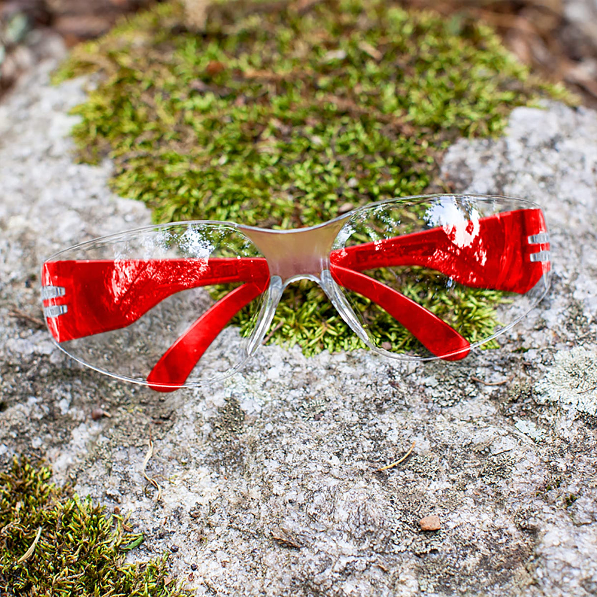 BISON LIFE Clear Lens Red Temple Protective Safety Glasses - Case of 144 Pairs Red Eyewear, Polycarbonate Impact Resistant Lens