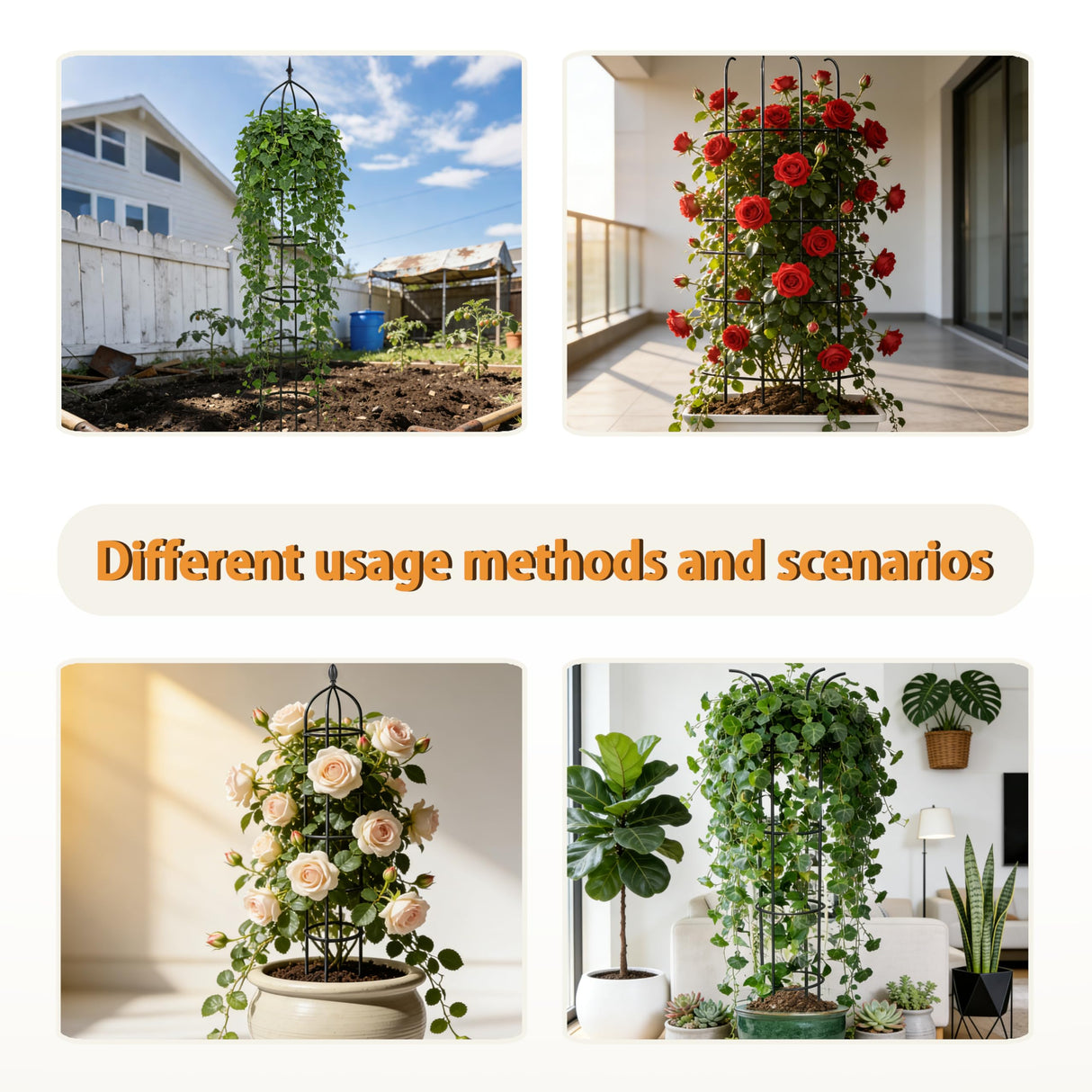 SORANGEUN 1 Pack Garden Obelisk Trellis for Climbing Plants Outdoor, 6FT Adjustable Metal Plant Support with 3 Decorative Tops, Black Rustproof Trellis for Roses, Tomatoes, Clematis & Vines