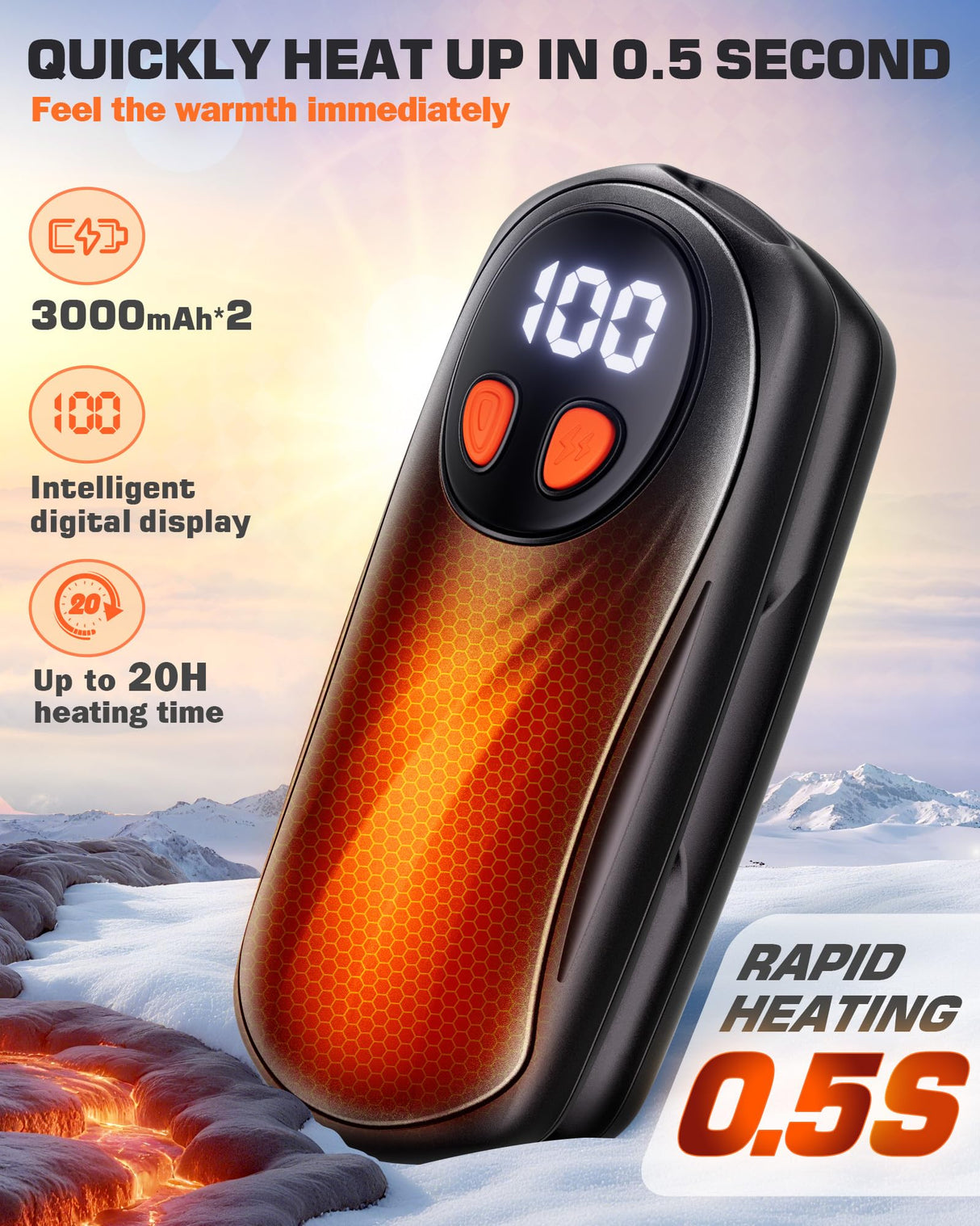 Hand Warmers Rechargeable 2 Pack, 6000mAh Electric Hand Warmers, 5-Level Heating with Battery Display, Reusable Portable Pocket Heater, Gifts for Christmas, Outdoor, Golf, Travel, Hunting, Camping