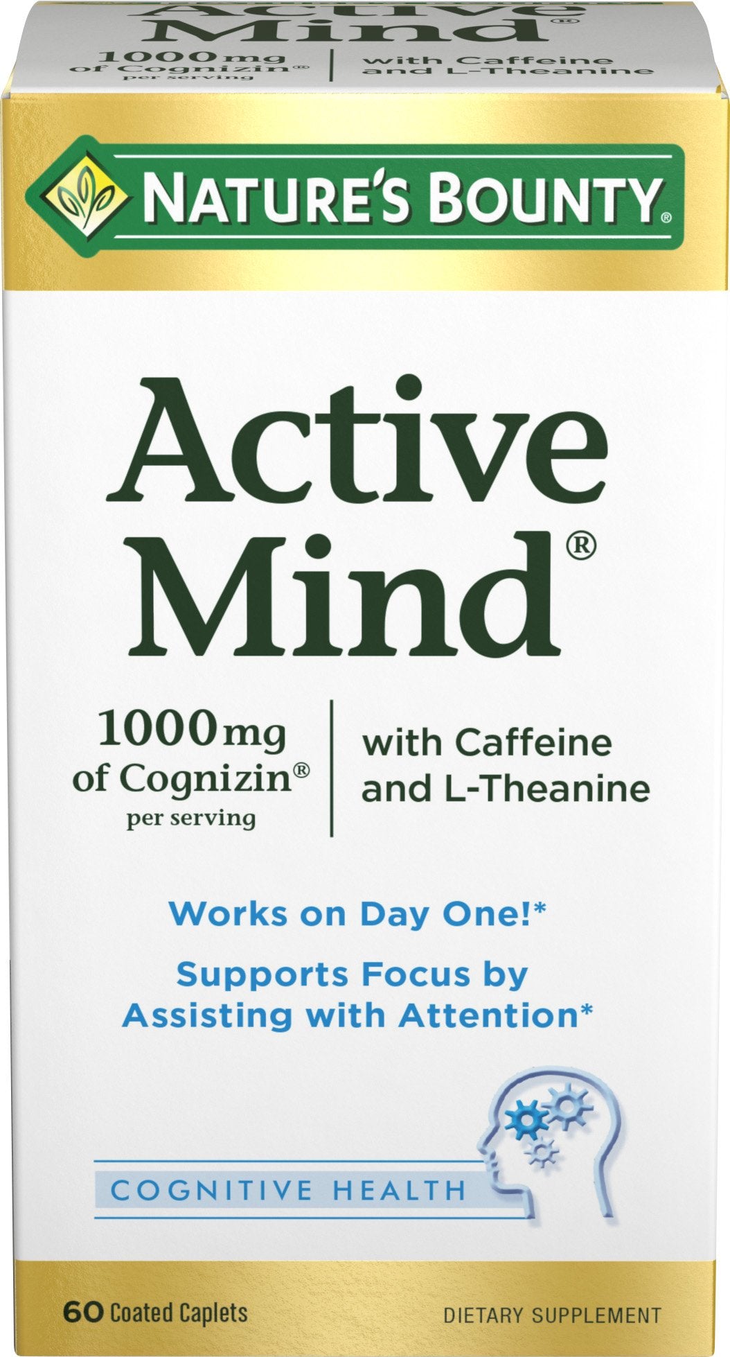 Nature's Bounty Active Mind Dietary Supplement, Supports Focus and Attention, 1000 mg Cognizin with L-Theanine and Caffeine Pills, 60 Caplets