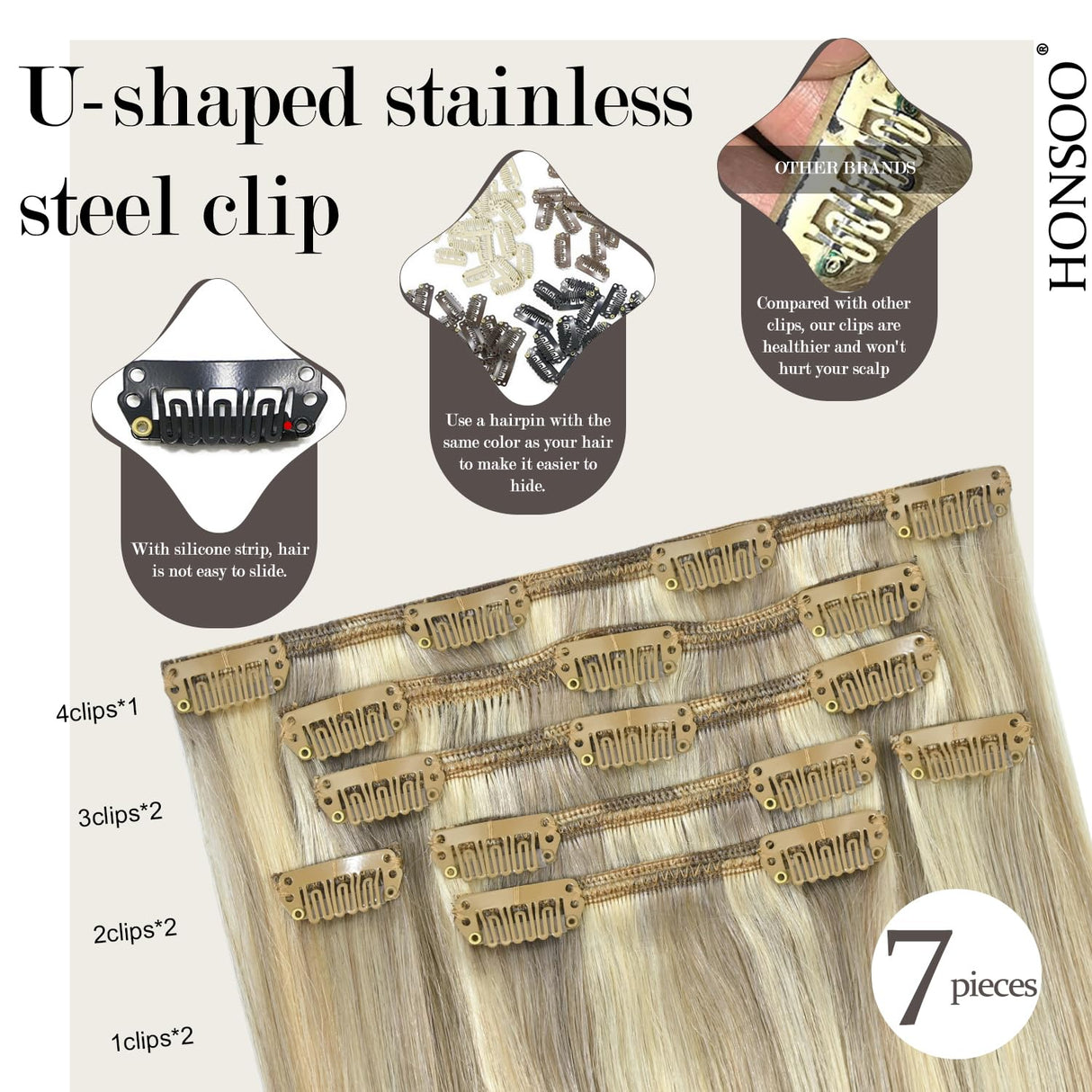 Honsoo Clip In Virgin Hair Extensions 18inch 70g 7pcs Mixed Bleach Blonde Real Human Hair Extensions Balayage Straight Silky Real Human Hair