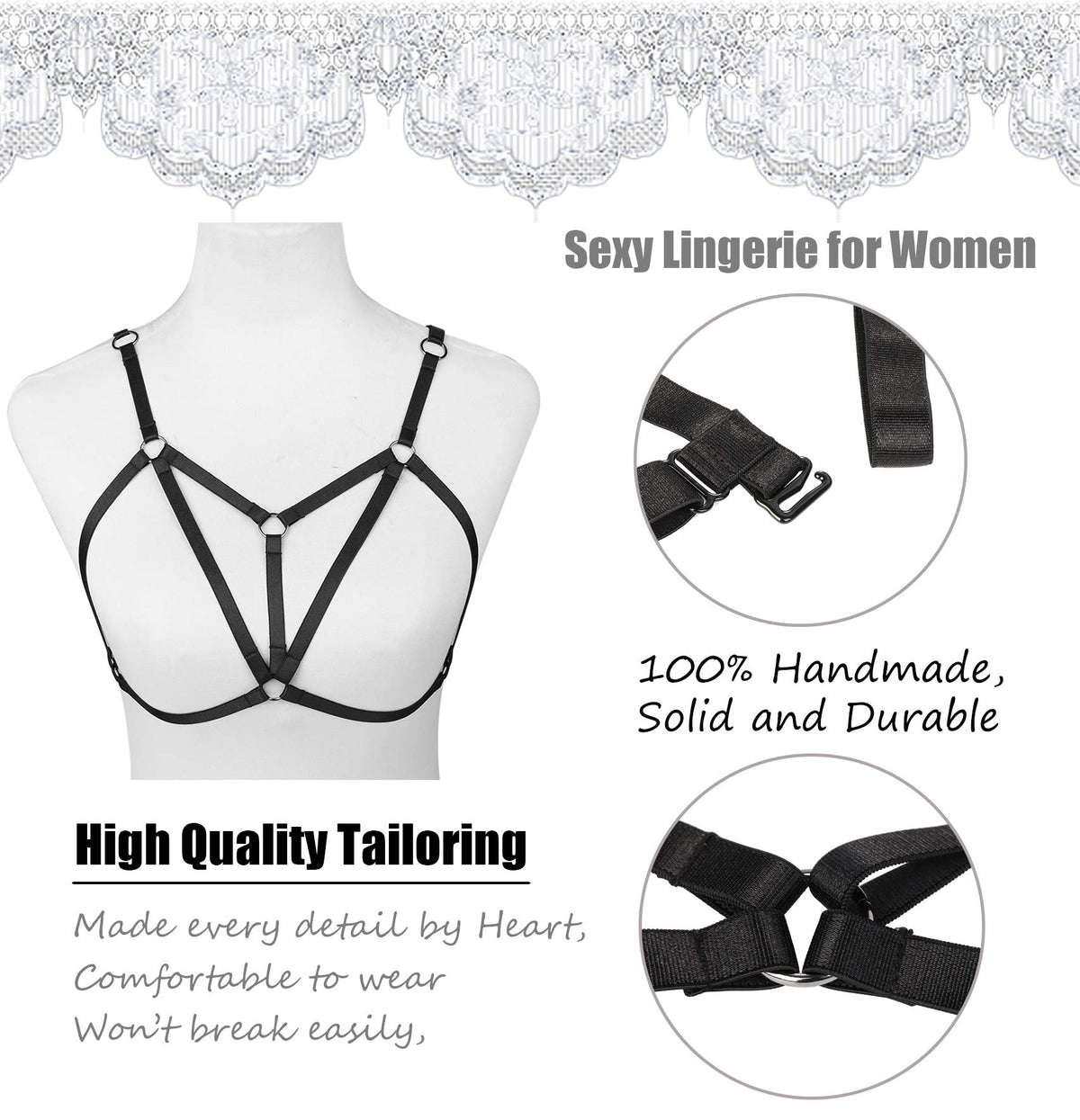 FIBO STEEL 4 PCS Black Strappy Cage Bra Sexy Bra Harness for Women