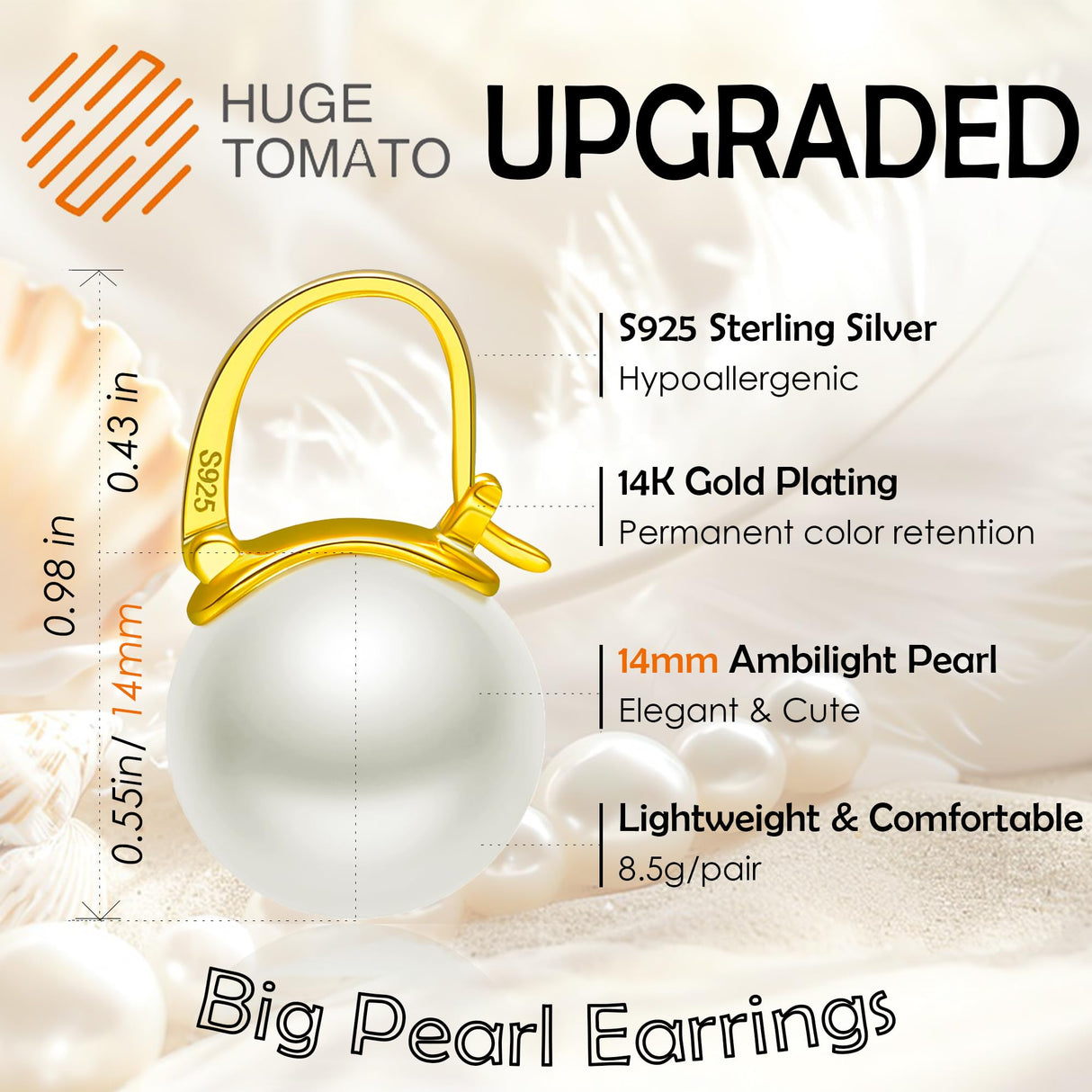 HUGE TOMATO Simulated Shell Opal Pearl Earrings for Women Trendy, Big Pearl Drop Earrings Fashion,14K Gold Plated Large Hoop Dangle Statement Jewelry 14mm
