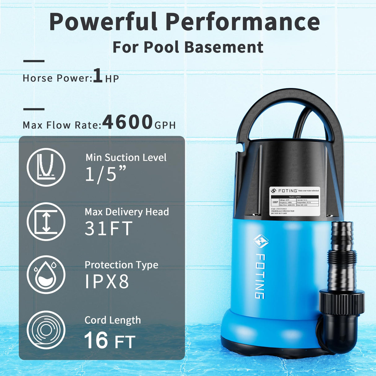 FOTING Sump Pump 1HP Clean/Dirty Submersible Water Pump,4600GPH Utility Pump Thermoplastic Electric Portable Transfer Water Pump for Swimming Pool Pond Basement with 10ft Power Cord,Auto