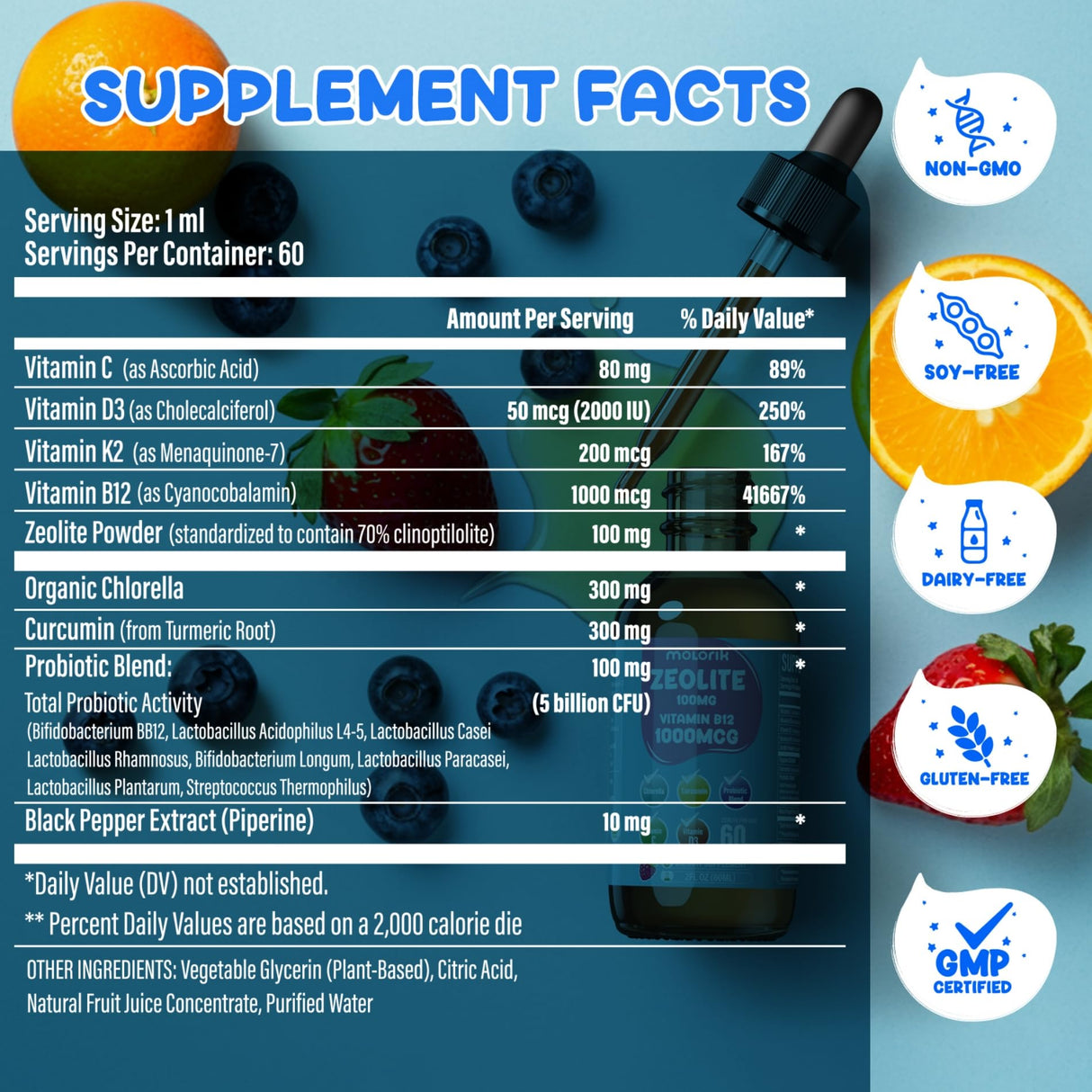 Zeolite Detox for Kids & Adults, Zeolite Liquid Drops with 300mg Chlorella, 200mg Curcumin, Multivitamin and Probiotic for Speech & Brain Health, Immune, Digestive, Energy, Berry Flavor, 60 Servings