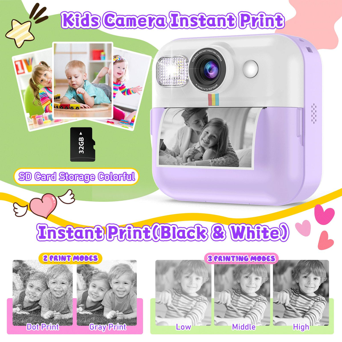 Kids Instant Print Camera, Christmas Birthday Gifts for Girls Boys Purple