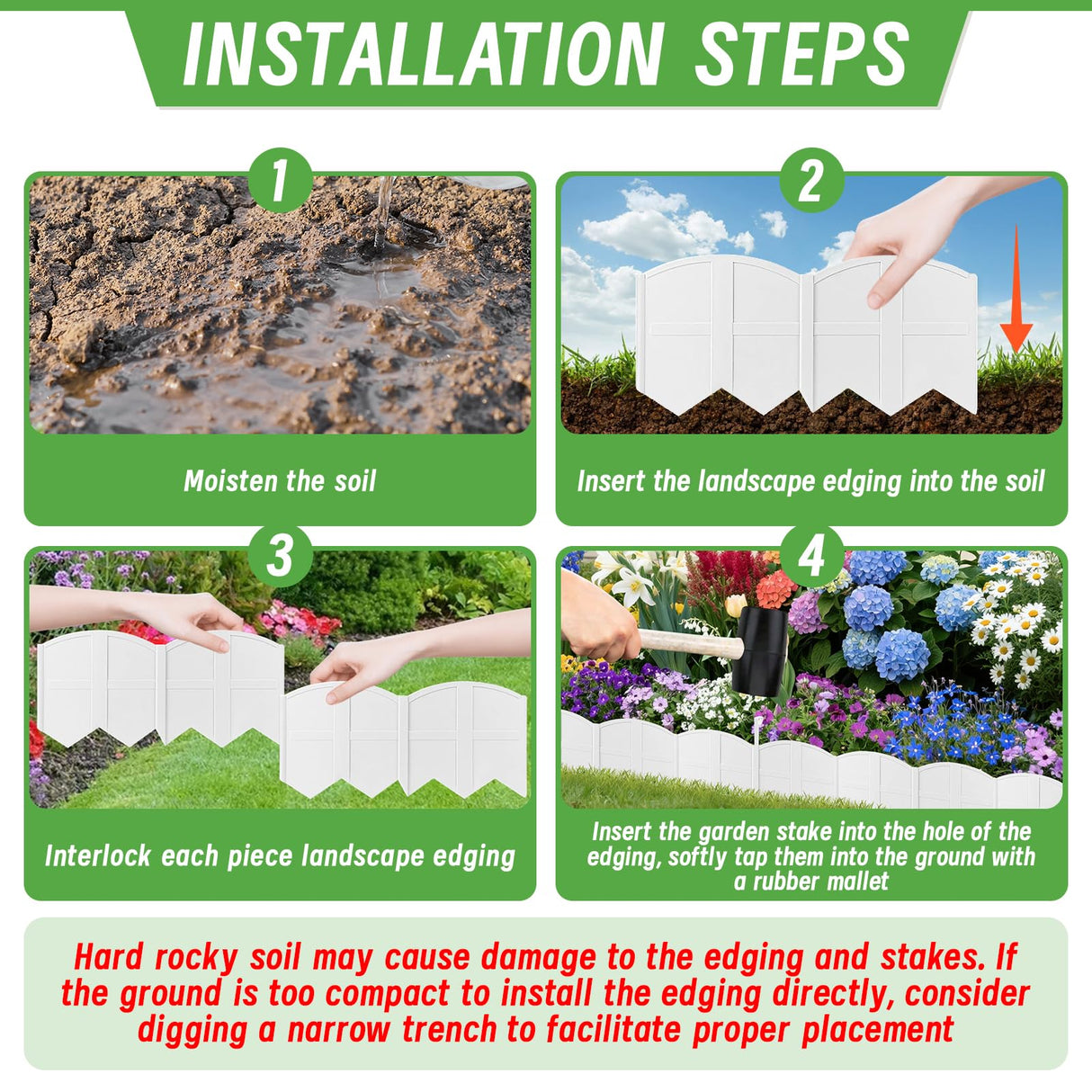 6 Inch Tall 20Ft White Landscape Edging Border with 7.8In Stakes,20Pcs