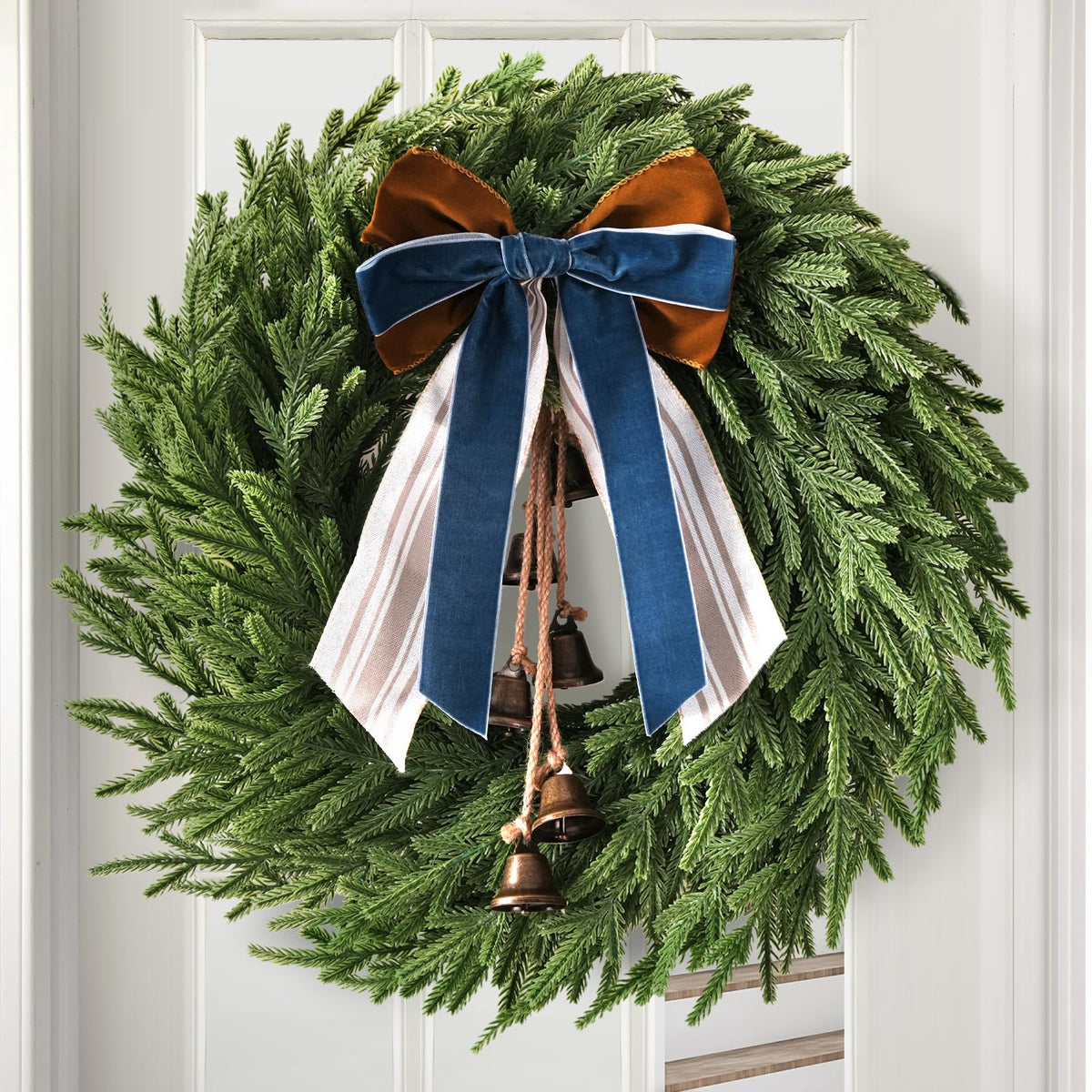 Christmas Decor, 22" Norfolk Pine Christmas Wreath with Bells and Ribbon