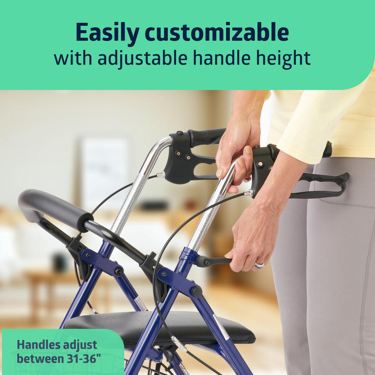 Medline Steel Rollator Walker with Seat, Blue, 300 lb. Weight Capacity, 8” Wheels, Foldable, Adjustable Handles, For Seniors, For Mobility Impairment