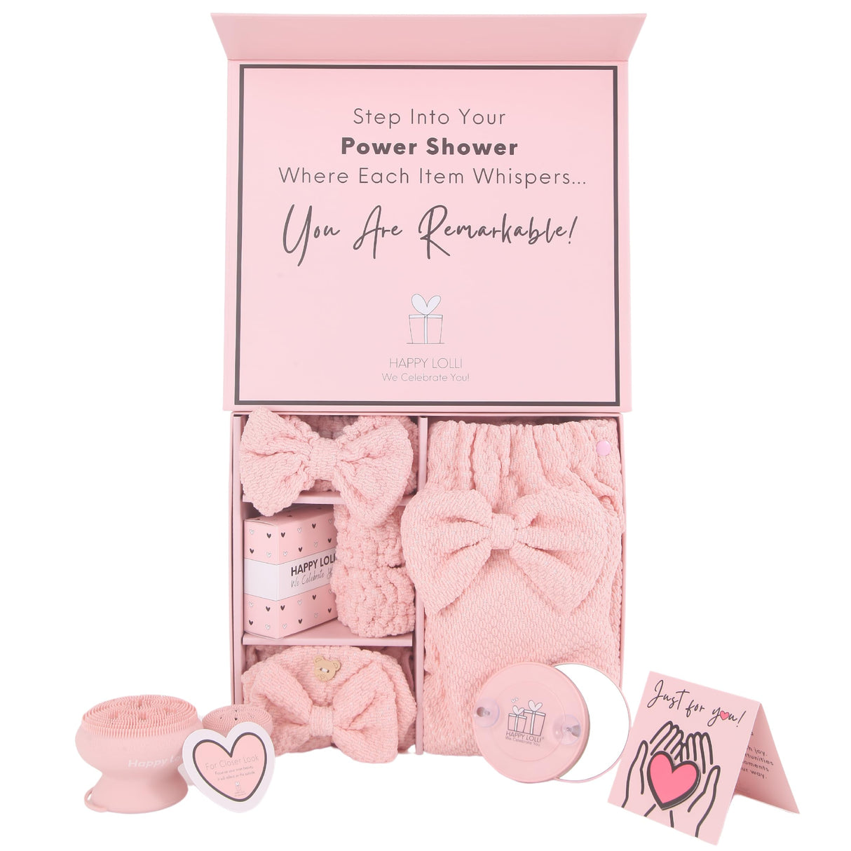 Happy Lolli Power Shower Gift Set: Luxury Bath Accessories Basket for Women & Teen Girls – Includes Body & Hair Towel, Wrist Bands, Headband, Face Sponge & More – Empower Your Routine (Fresh in Pink)