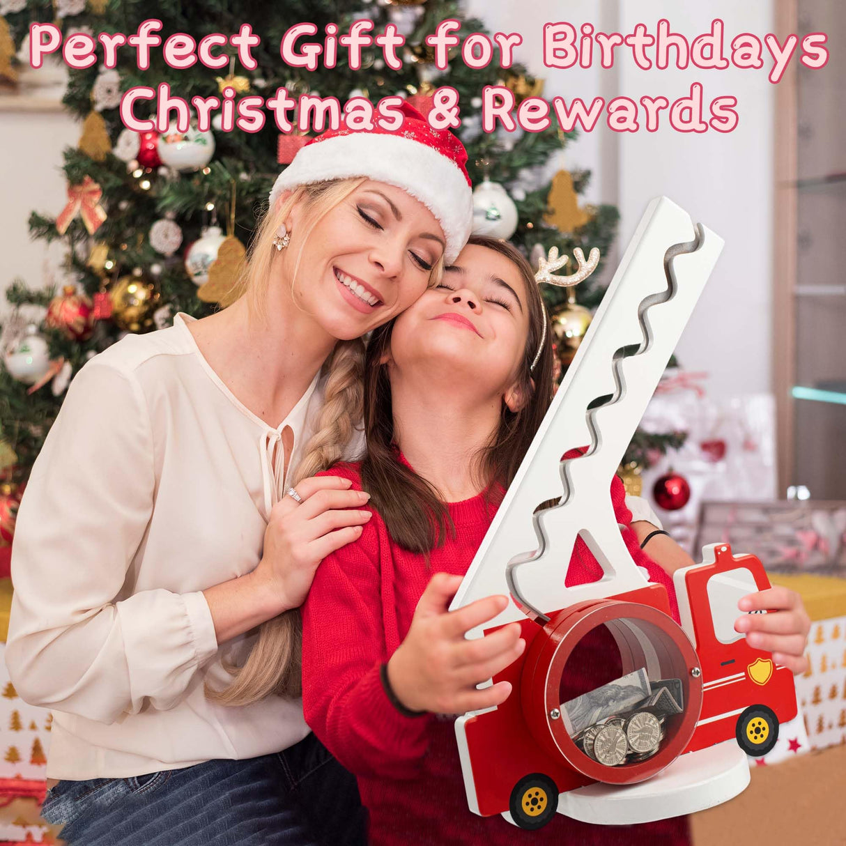 AORCMITN Wooden Fire Truck Piggy Bank for Boys Kids Girls Clear Big Belly Animal Coin Bank for Toddler Birthday Christmas Real Money Toy