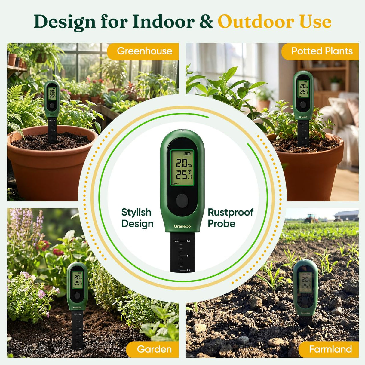 Grenebo 3-in-1 Soil Moisture Meter, Digital Plant Water Meter, Temperature & Sunlight Intensity Sensor, LCD Display Soil Tester for Gardening, Farming, Plant Care, Indoor & Outdoor Plants, 2 Pack