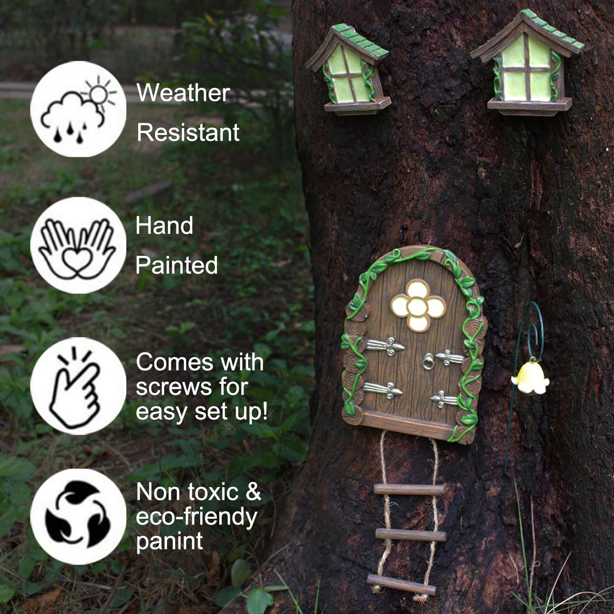 Fairy Door and Windows Garden Kit Accessories Outdoor, Glow in Dark Gnome House for Tree, Lawn Yard Art Sculpture, Miniature Garden Decor (Ladder)