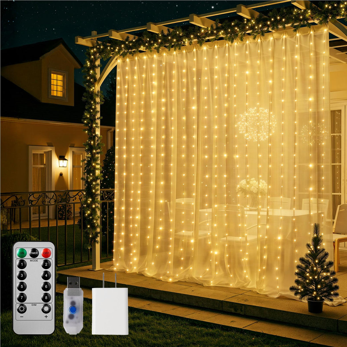 Brightown 600 LED Curtain String Lights, 20 FT Hanging Fairy Lights with Remote, 8 Modes, Waterproof Window Lights for Bedroom Backdrop Wedding Outdoor Christmas Party, Warm White