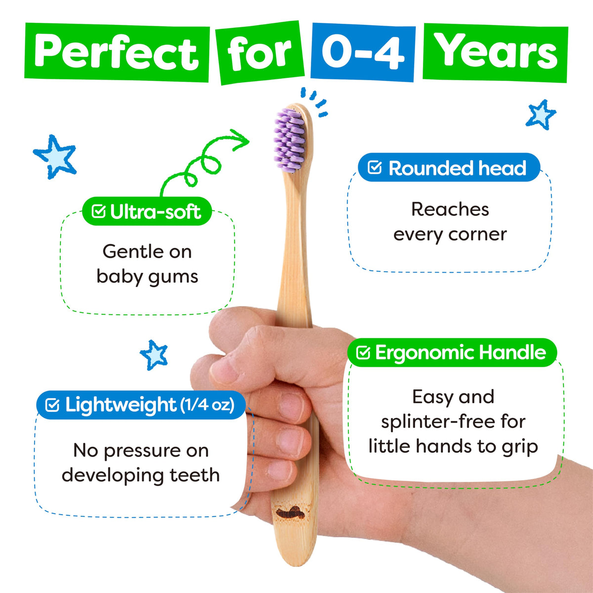 Dr. Noah Microplastic-Free Bamboo Baby Toothbrush, Dentist Designed, 4 Pack