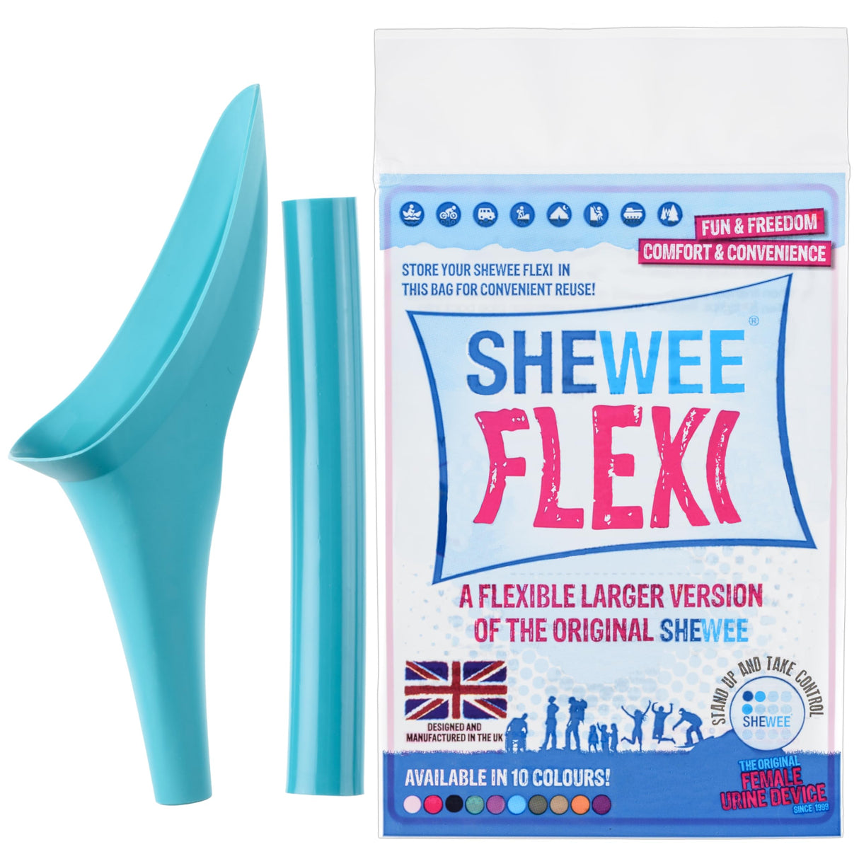 SHEWEE Flexi – The Original Female Urinal – Made in The UK – Reusable, Flexible & Portable Urination Device. Festival, Camping, Car, Hiking Essentials for Women. Stand to Pee Funnel – Aqua