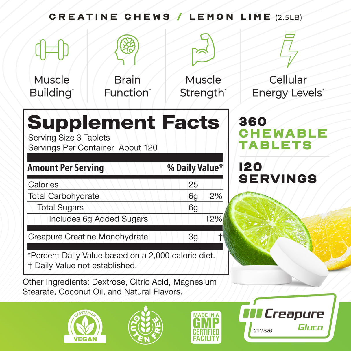 Muscle Feast Vegan Creatine Monohydrate, Gluten-Free Creapure Chews, Lemon Lime, 360 Tabs