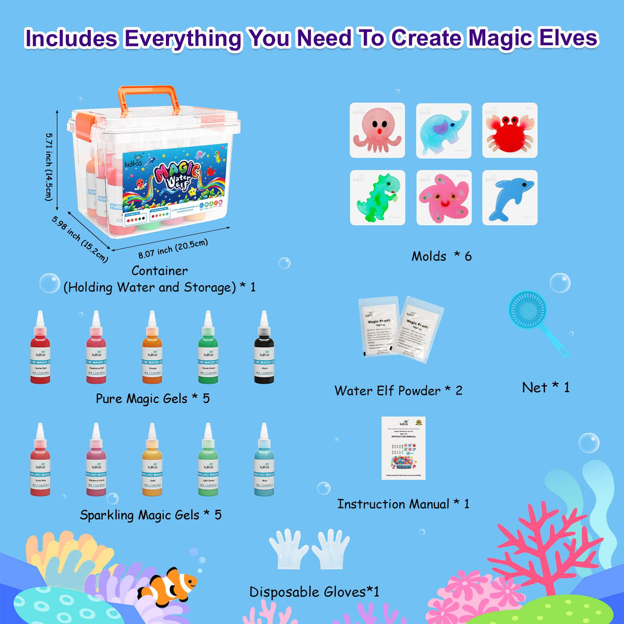 Kiditos Magic Water Elf Toy Kit–Squishies for Kids, 10 Gels & 6 Molds, Magic Gel Water Pets Sensory Toy, Fun DIY Craft Kit, Party Favors, Birthday & Christmas Gifts for Kids Ages 3+