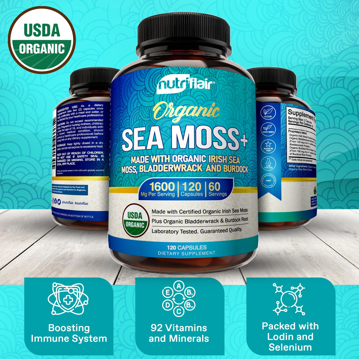 NutriFlair Organic Irish Sea Moss 1600mg, 120 Capsules Plus Bladderwrack & Burdock - Prebiotic Super Food - Immune System & Digestive Health - Thyroid, Healthy Skin, Keto Detox, Gut