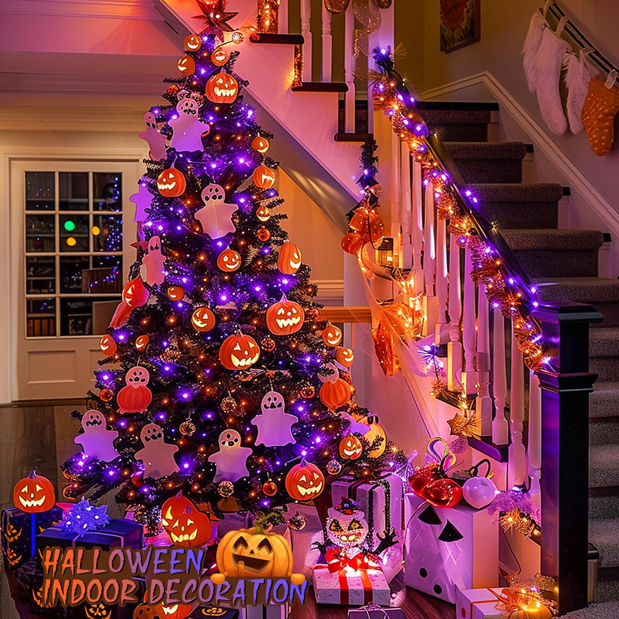 JMEXSUSS 600 LED Halloween String Lights Outdoor, Orange and Purple Halloween Lights Clear Wire, Twinkle String Lights Plug in for Tree Christmas Decorations